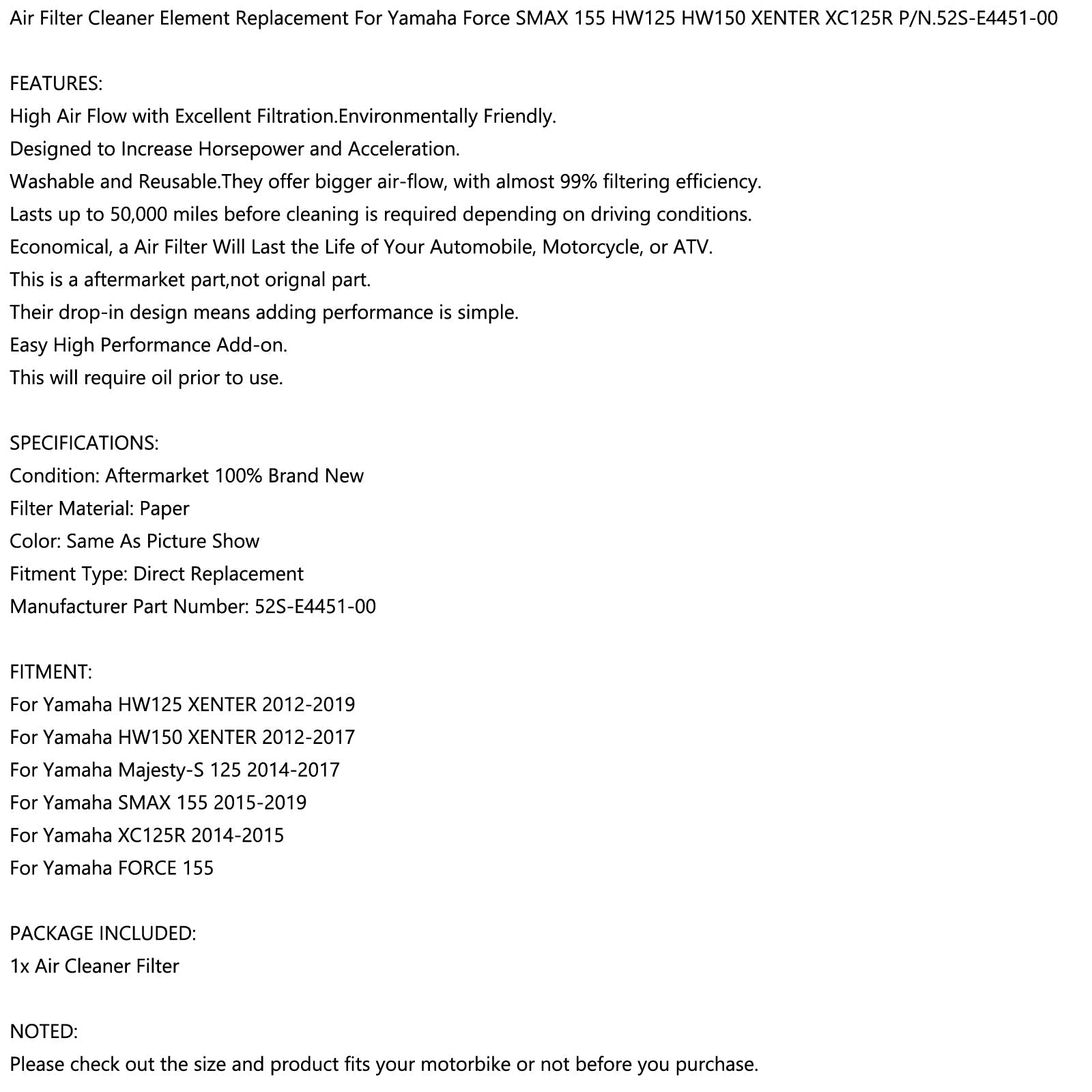 Zračni filtrirni element za Yamaha S-MAX/SMAX 155 XC125R 15-19 Xenter 125/150 12-19 Generic