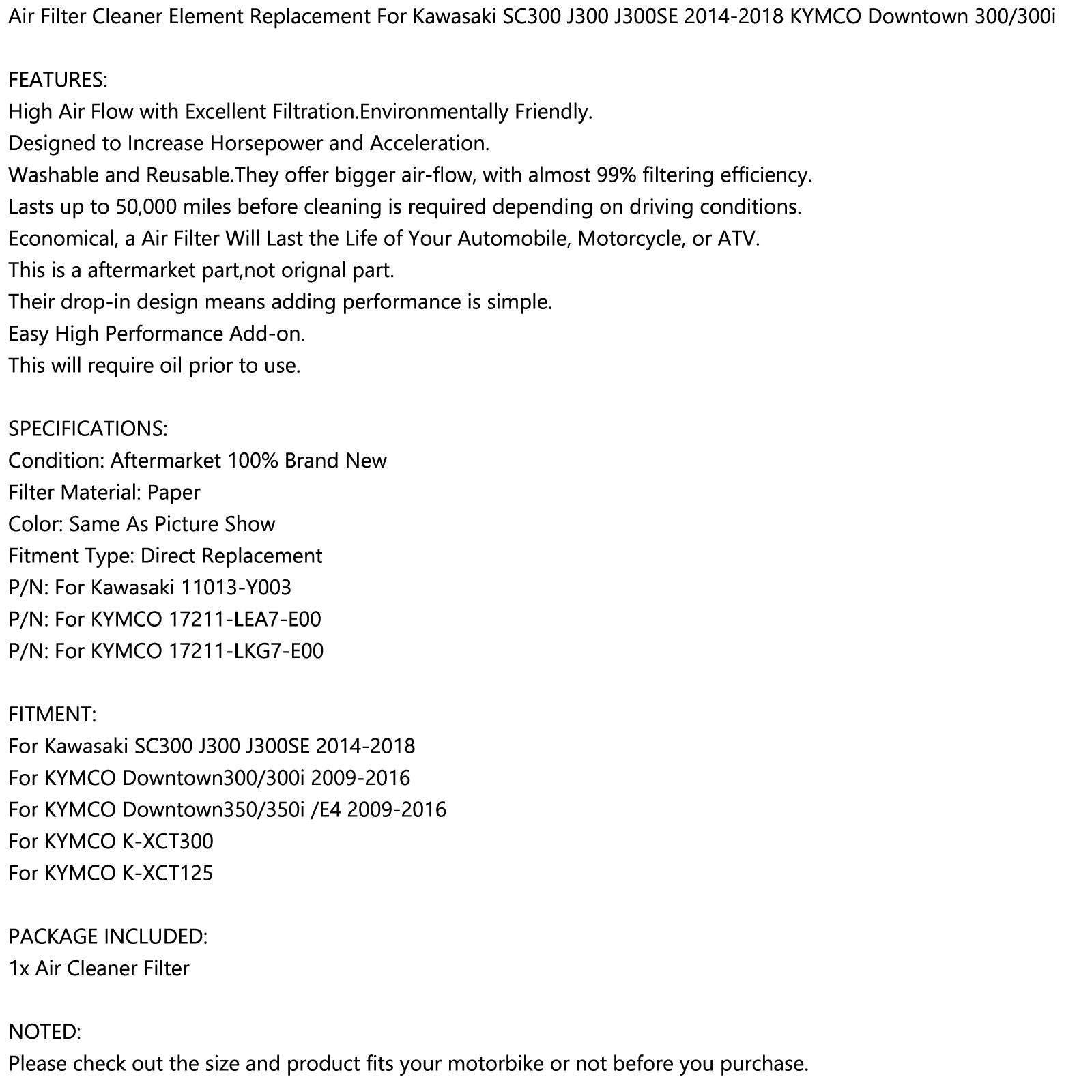 Elemento de filtro de aire para Kawasaki 11013-Y003 KYMCO 17211-LEA7-E00 17211-LKG7-E00 genérico