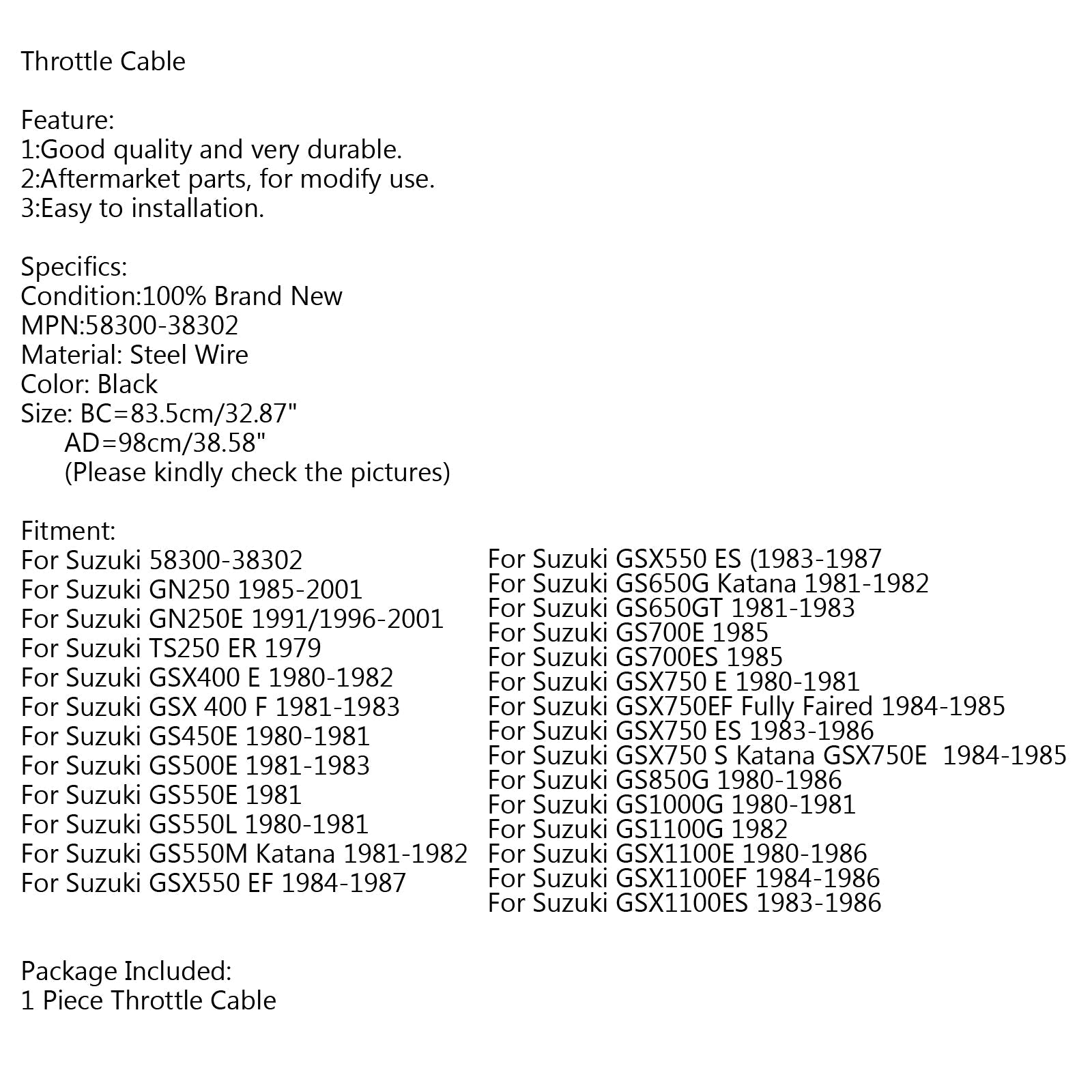Kabel za pospeševanje motocikla za Suzuki 85-01 GN250 80-81 GS450E GS550L 58300-38302 generic