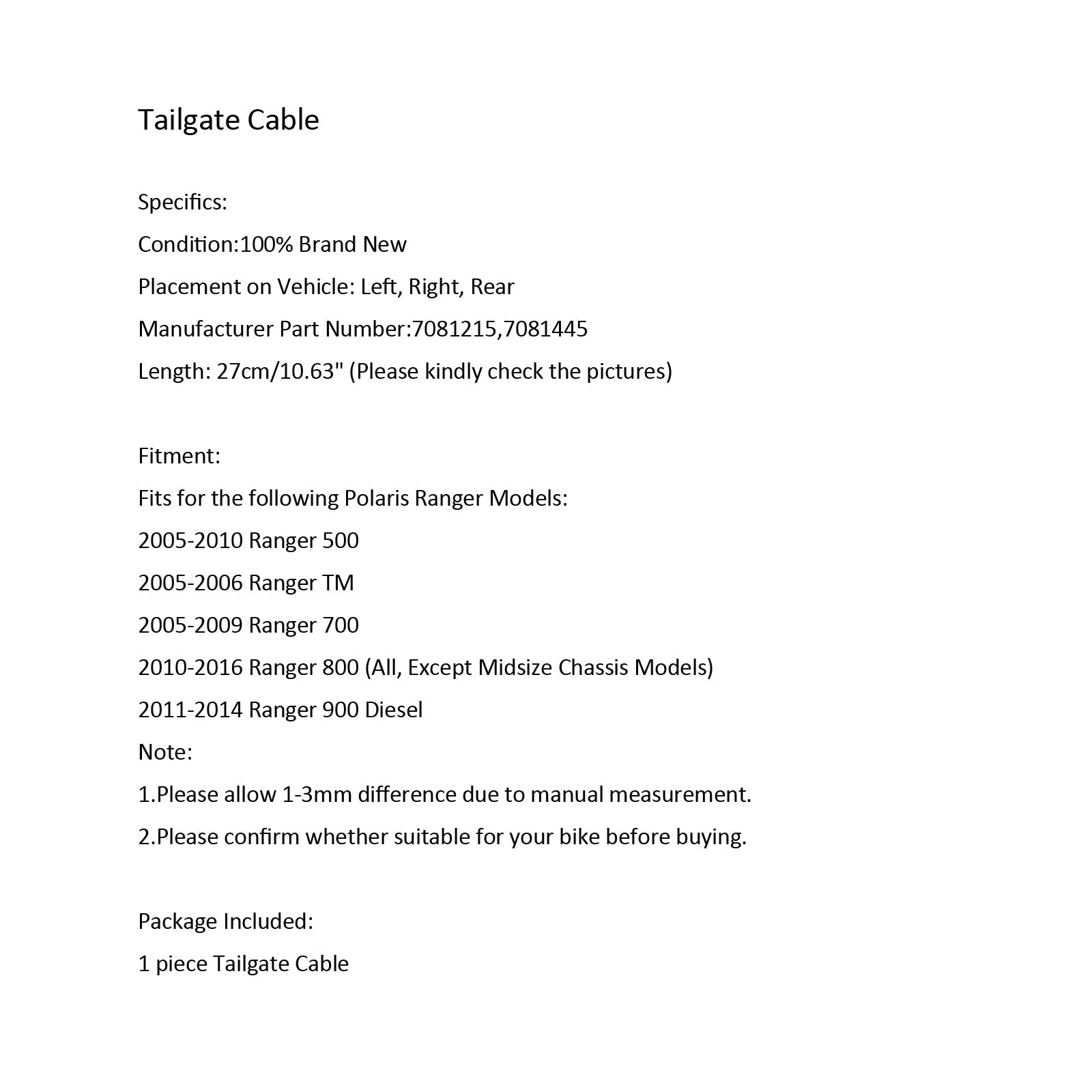 Câble de hayon pour Polaris Ranger 500 700 800 900D (2005-2016) 7081215 7081445 générique