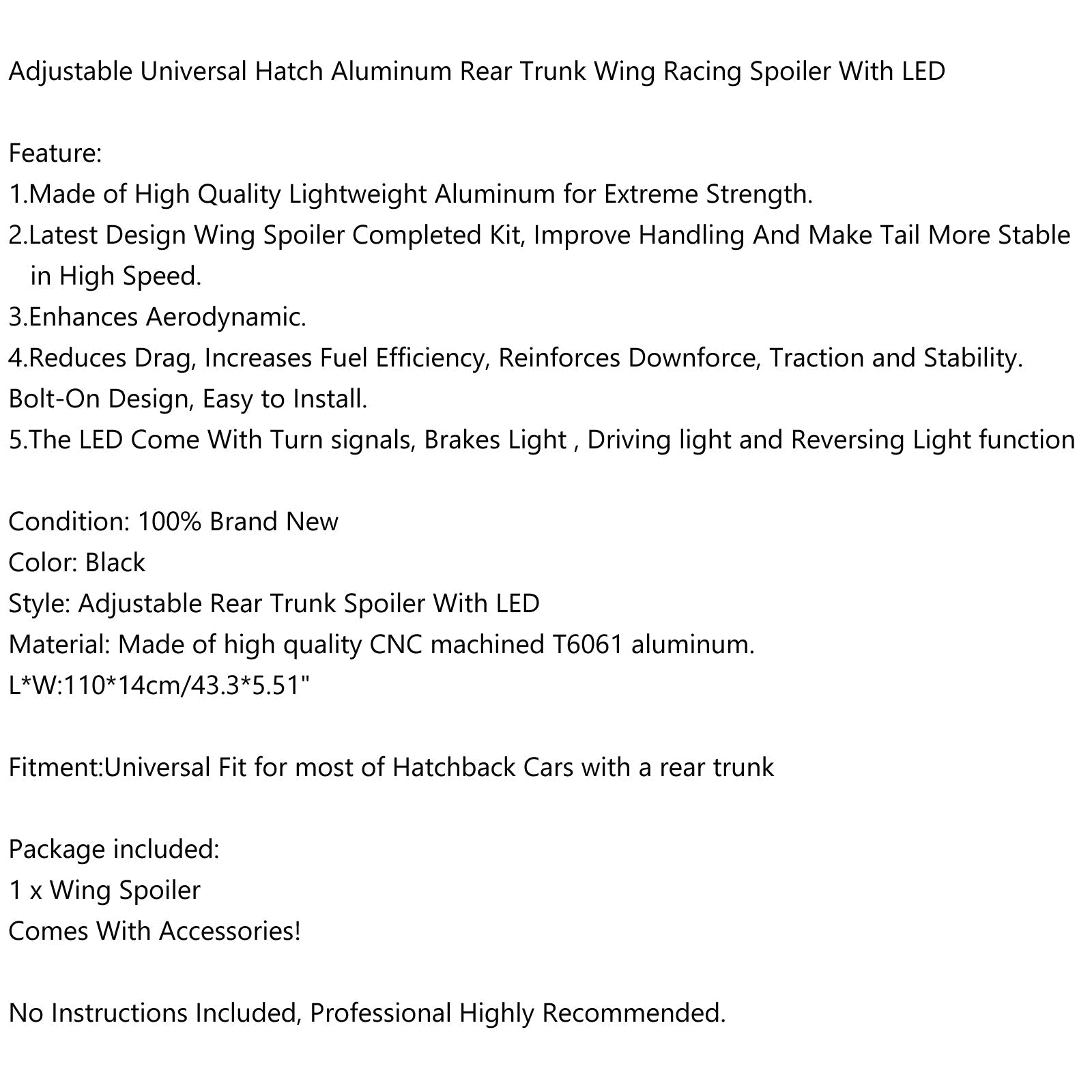 Becquet de course 'aile de coffre arrière en aluminium réglable à hayon universel avec LED générique