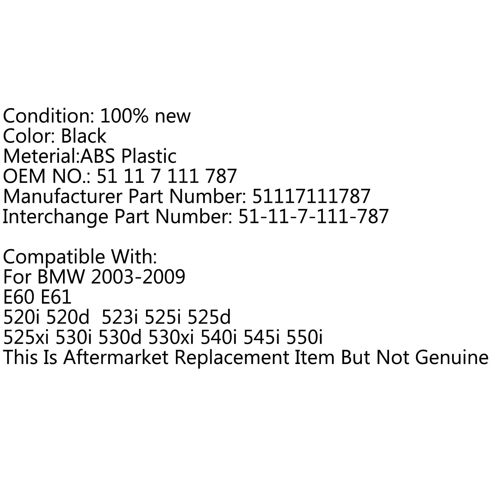 1x capuchon de crochet de remorquage de pare-chocs avant pour BMW E60 E61 525i 528i 530i générique 2003-2009