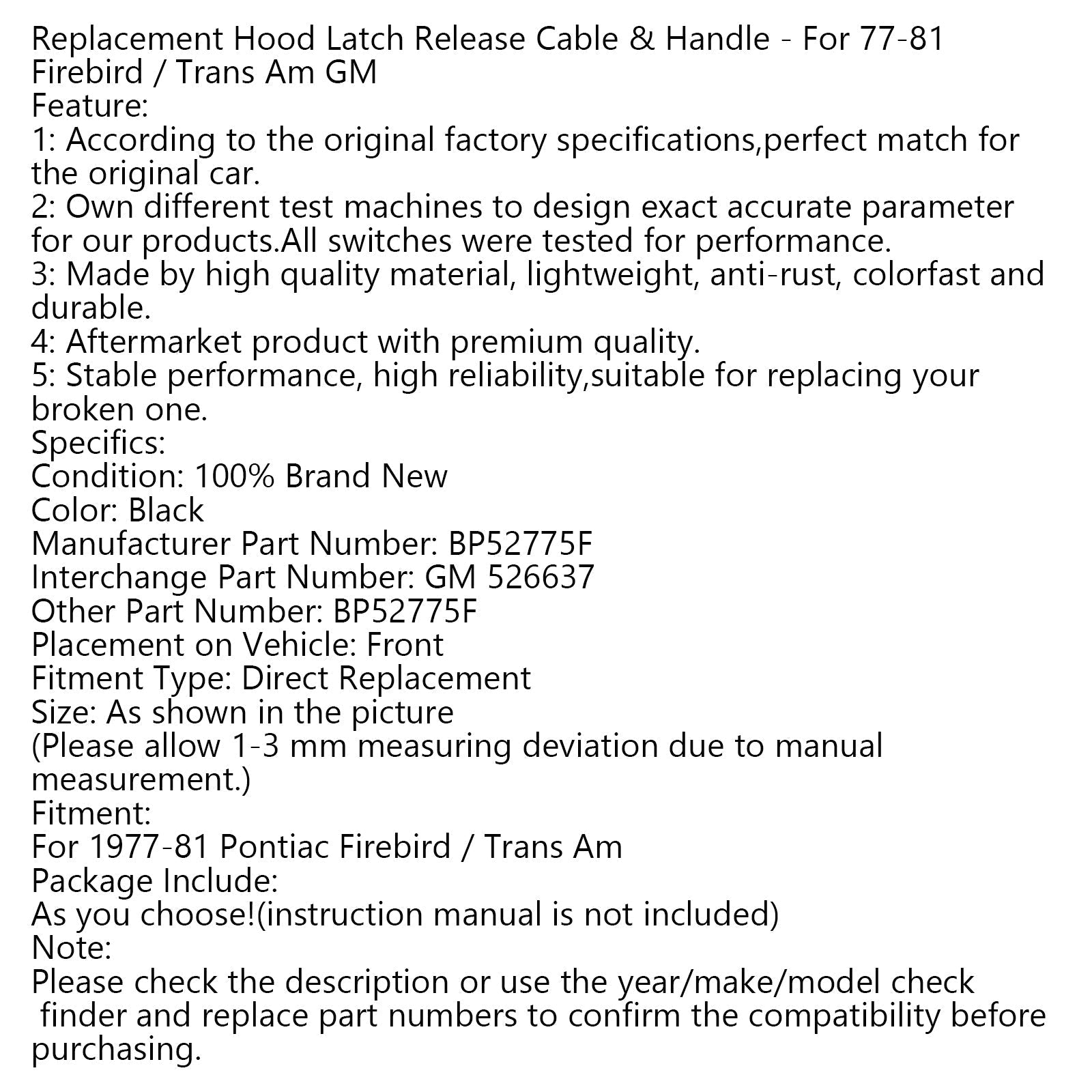 Zapasowy kabel i uchwyt zwalniający zatrzask maski - do 77-81 Firebird/Trans Am GM Generic