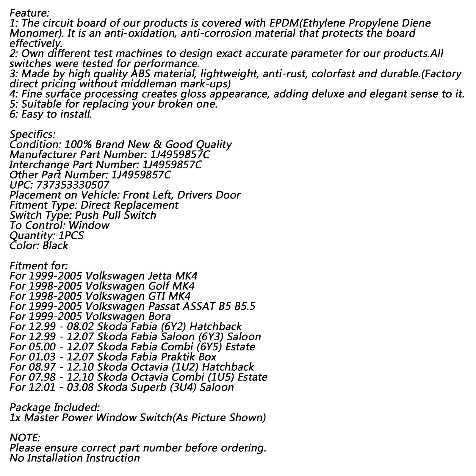 Nowy automatyczny przełącznik okna Master Power 1J4959857C dla Skoda Fabia Octavia Superb Generic