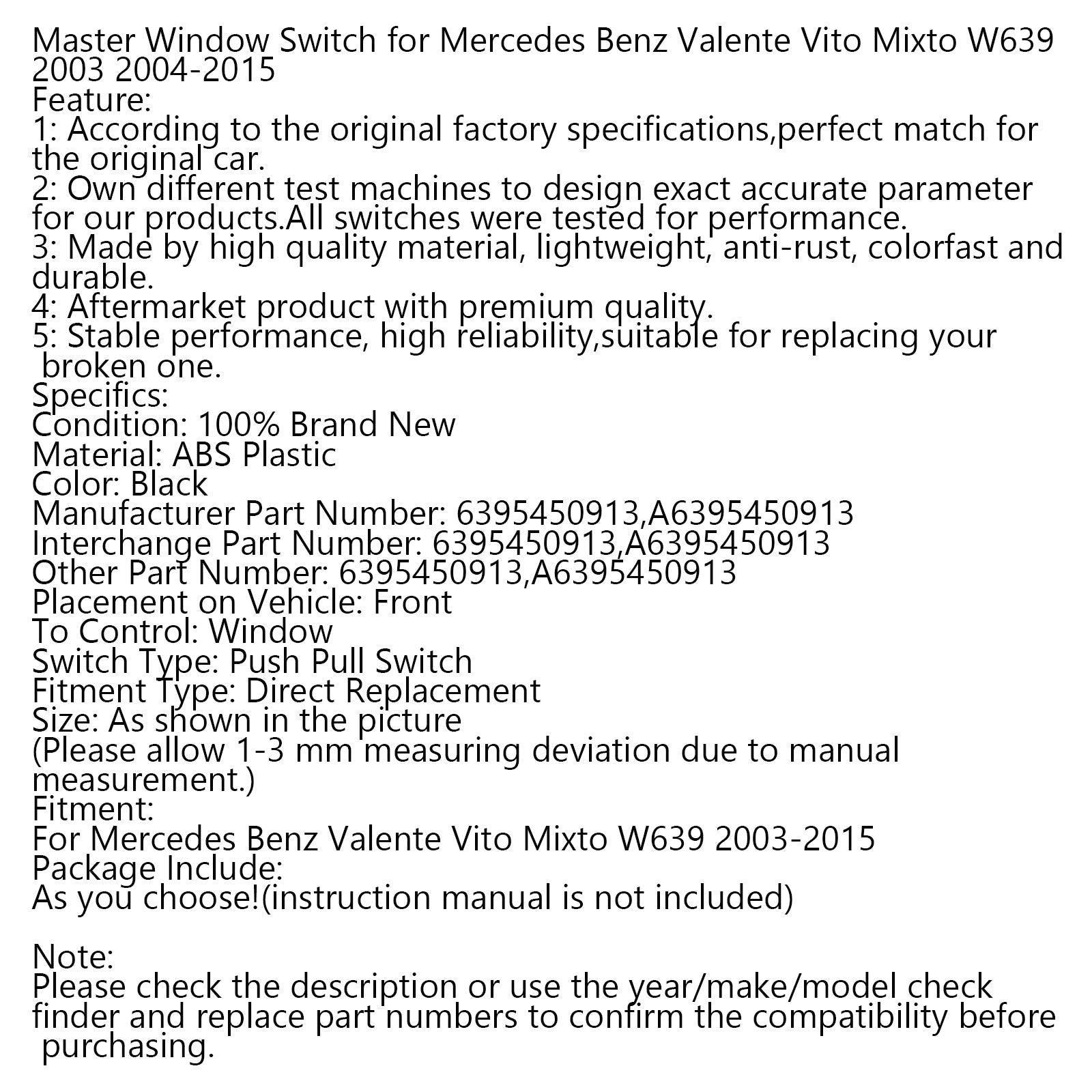 Hoofdraamschakelaar voor Mercedes Benz Valente Vito Mixto W639 2003 2004-2015 generiek