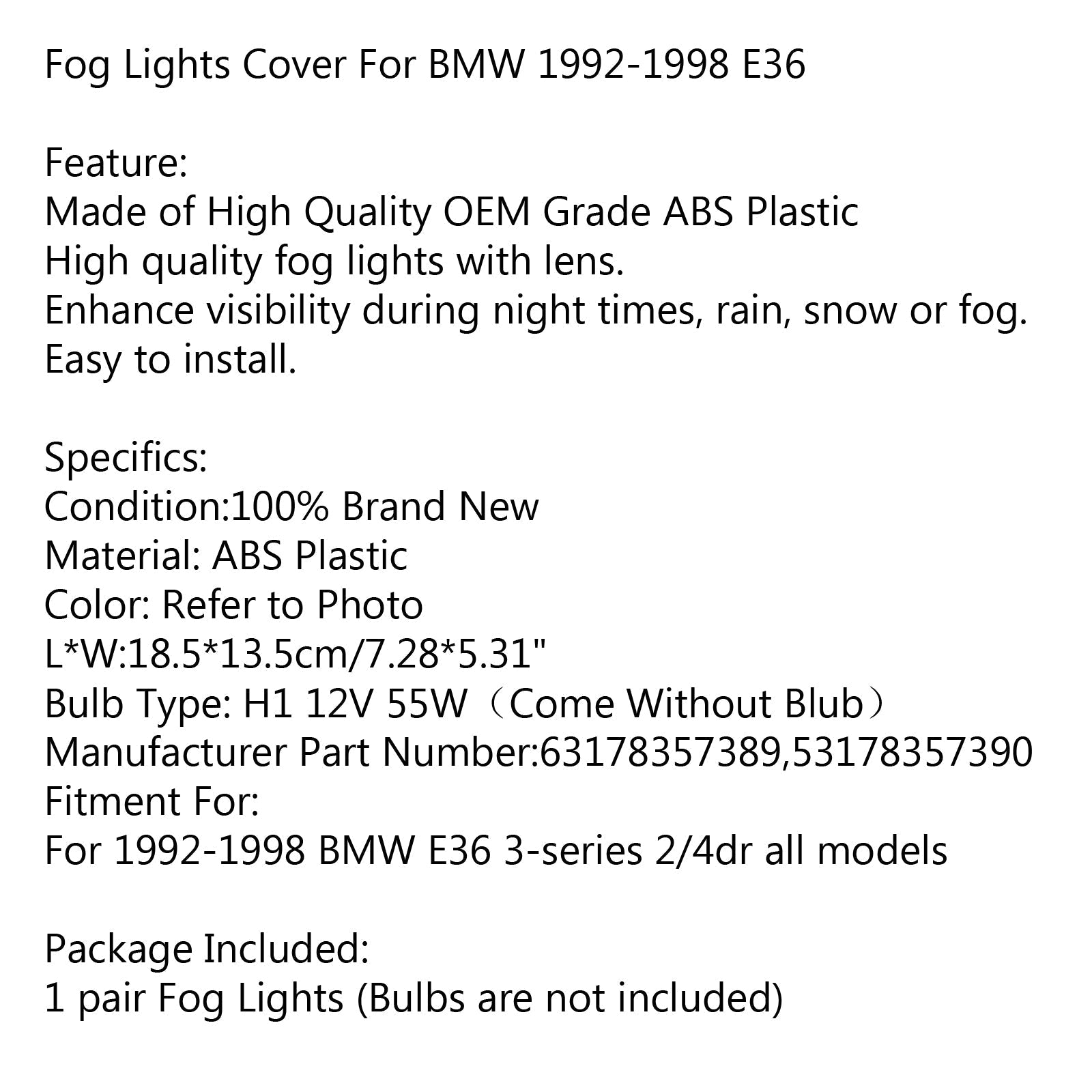 BMW 1992-1998 E36 Série 3 2/4D Phares antibrouillard de rechange Lampes Lentille en cristal R&L