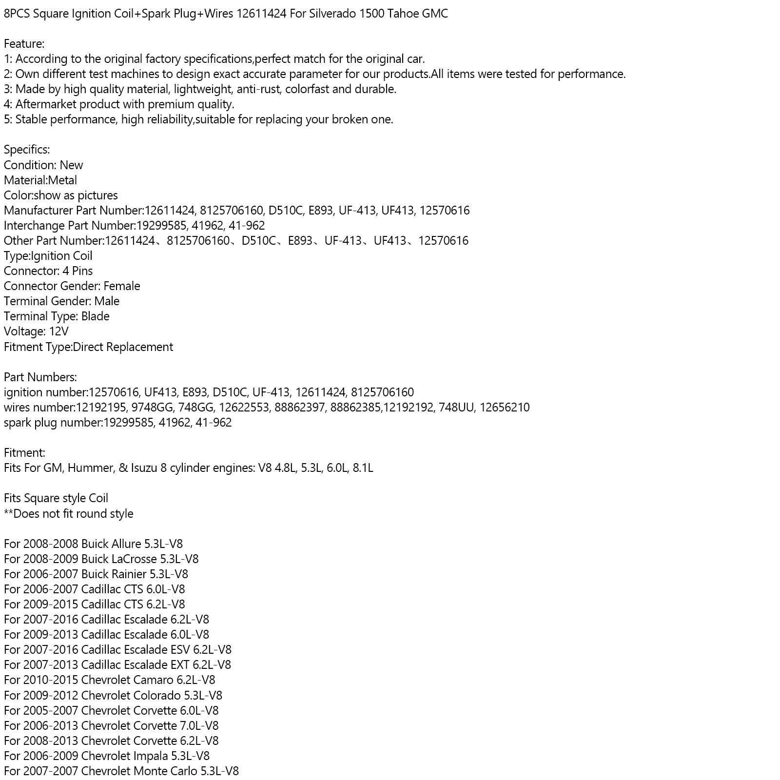8 pz Silverado 1500 Tahoe GMC Quadrato Bobina di Accensione + Candela + Fili 12611424 8125706160 D510C E893 UF-413 UF413 12570616