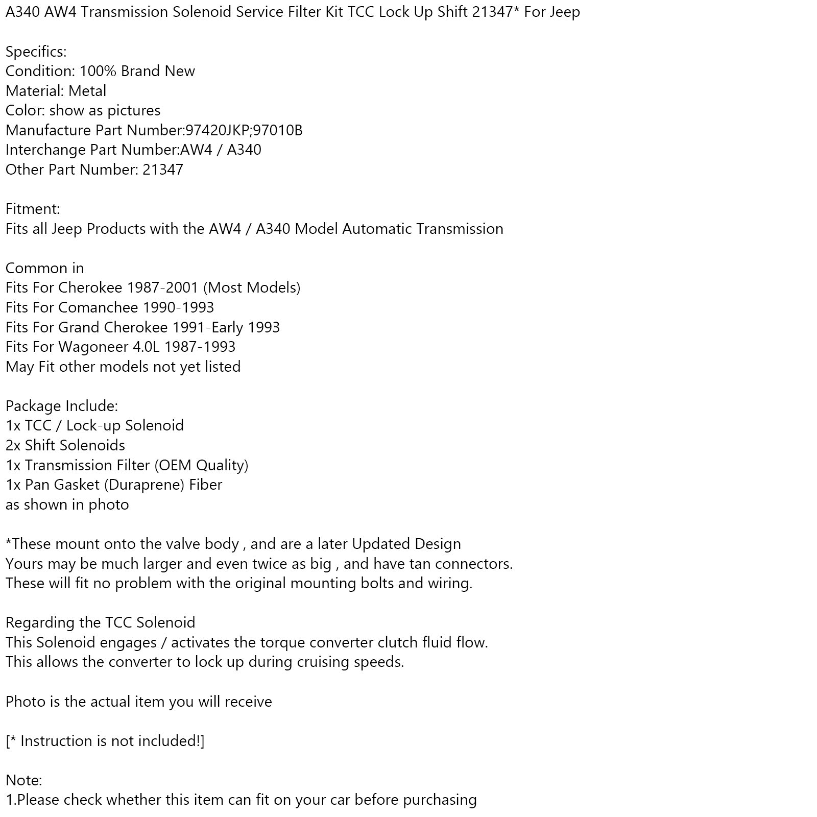 A340AW4 Transmissiesolenoïde servicefilter TCC schakelslot 21347 voor Jeep