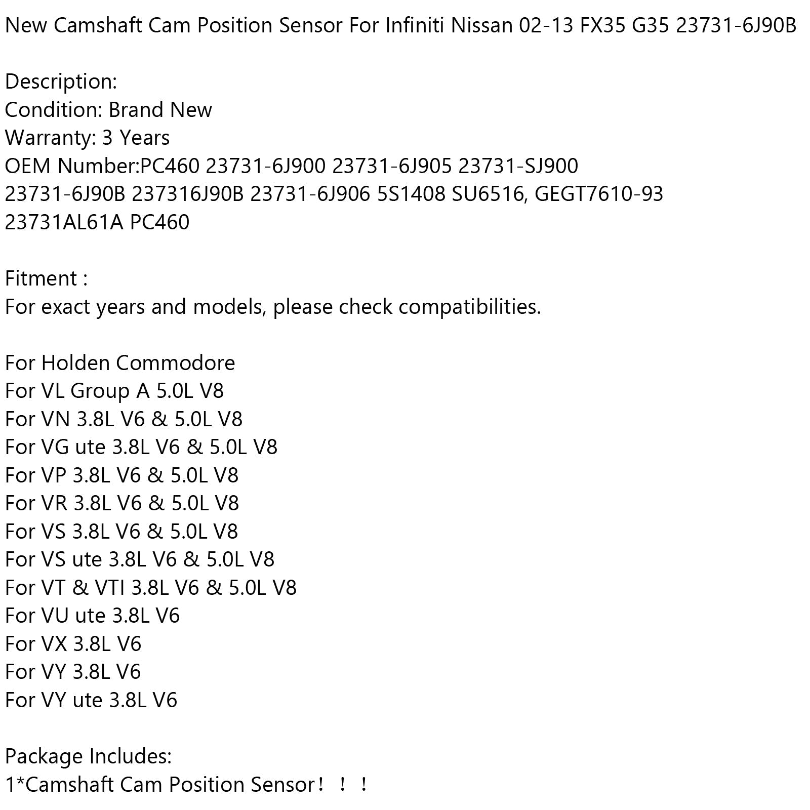 Nov senzor položaja odmične gredi za Infiniti Nissan 02-13 FX35 G35 23731-6J90b generic