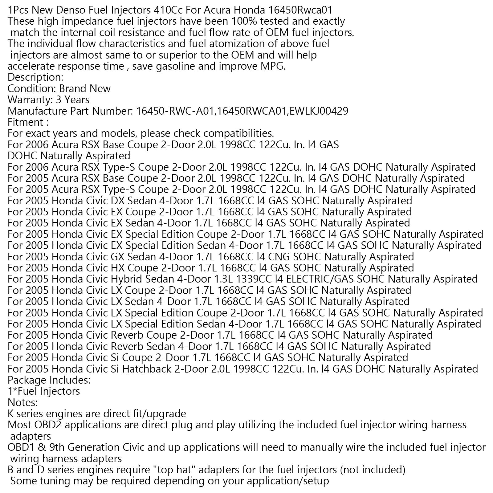 1 novi deli injektorjev DENSO goriva 410cc za Acura Honda 16450rwca01 generic