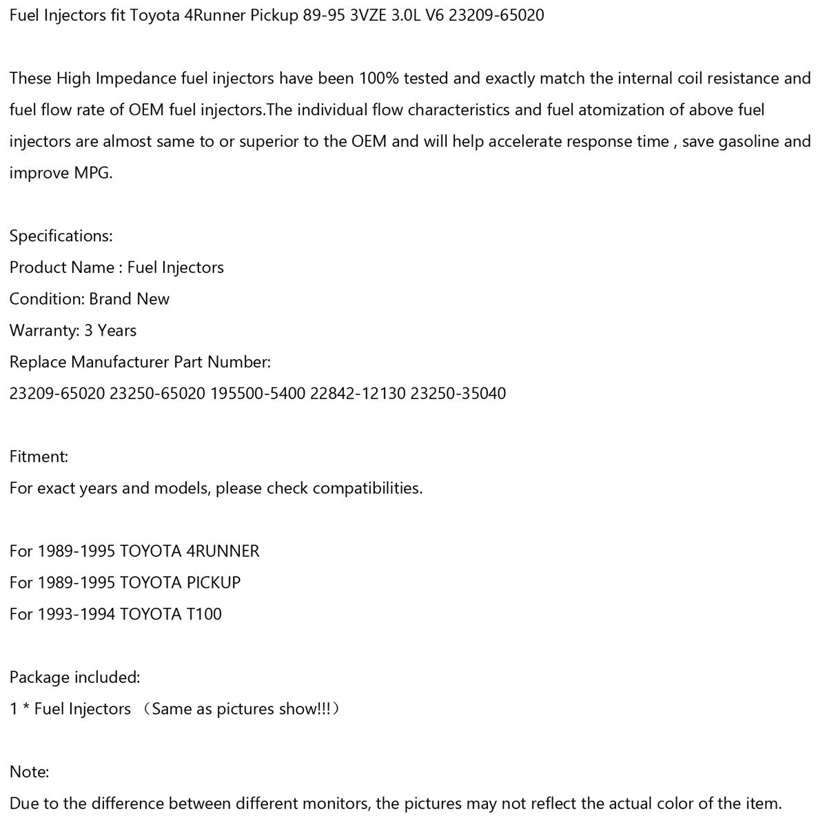 1 inyectores de combustible para Toyota 4Runner Pickup 89-95 3VZE 3.0L V6 23209-65020 genérico