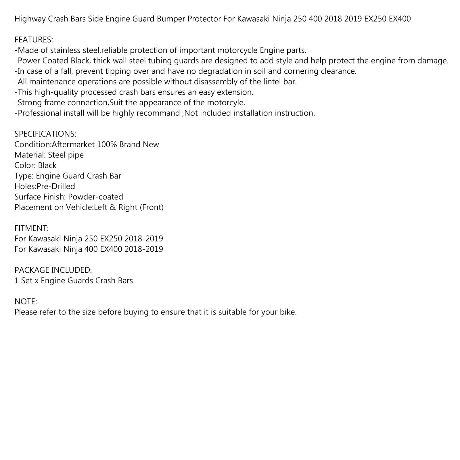 Protecteur de barre de protection pour pare-chocs moteur pour Kawasaki Ninja 250 400 EX 2018-2019 générique