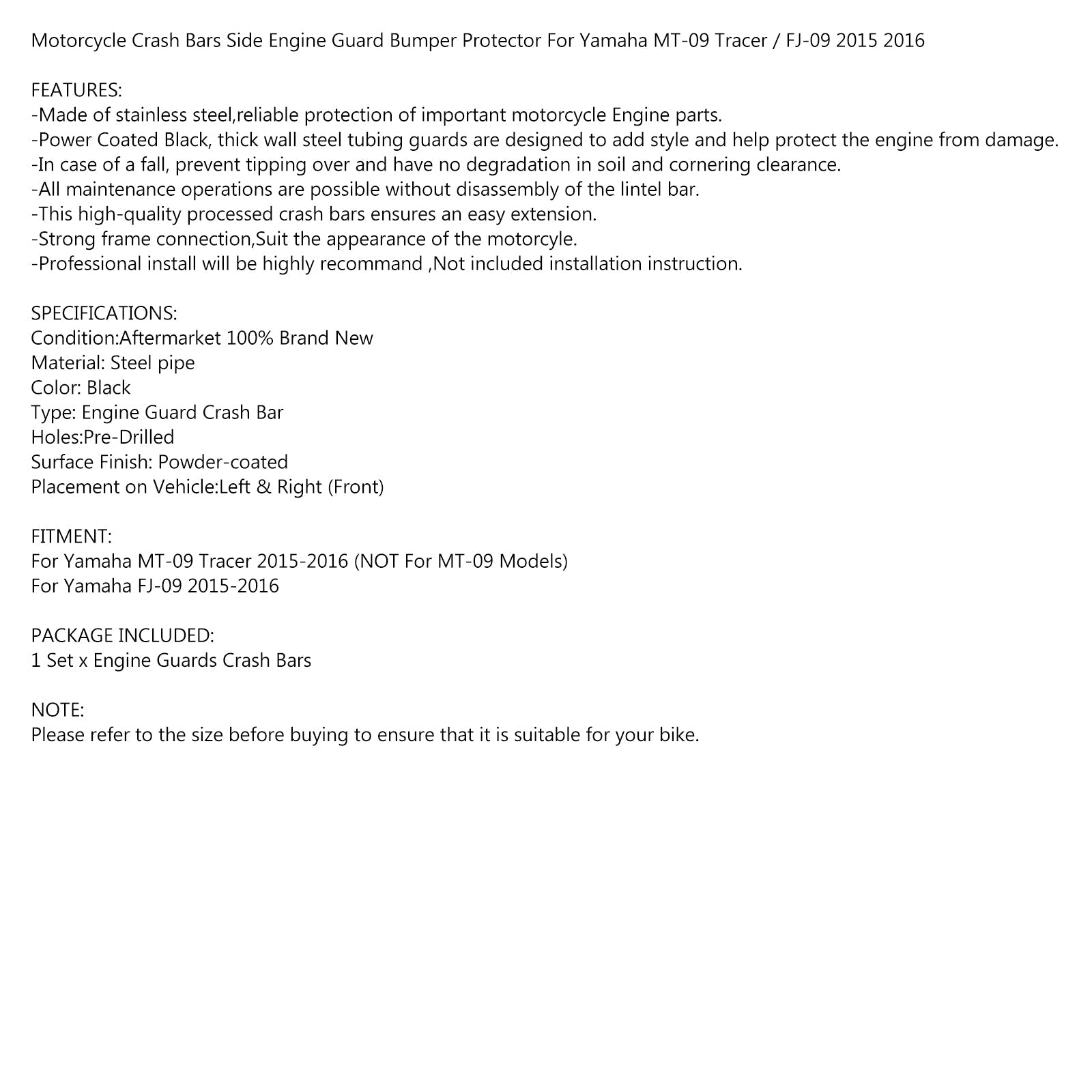 Osłona zderzaka silnika dla Yamaha MT-09 Tracer FJ-09 15-19 Generic