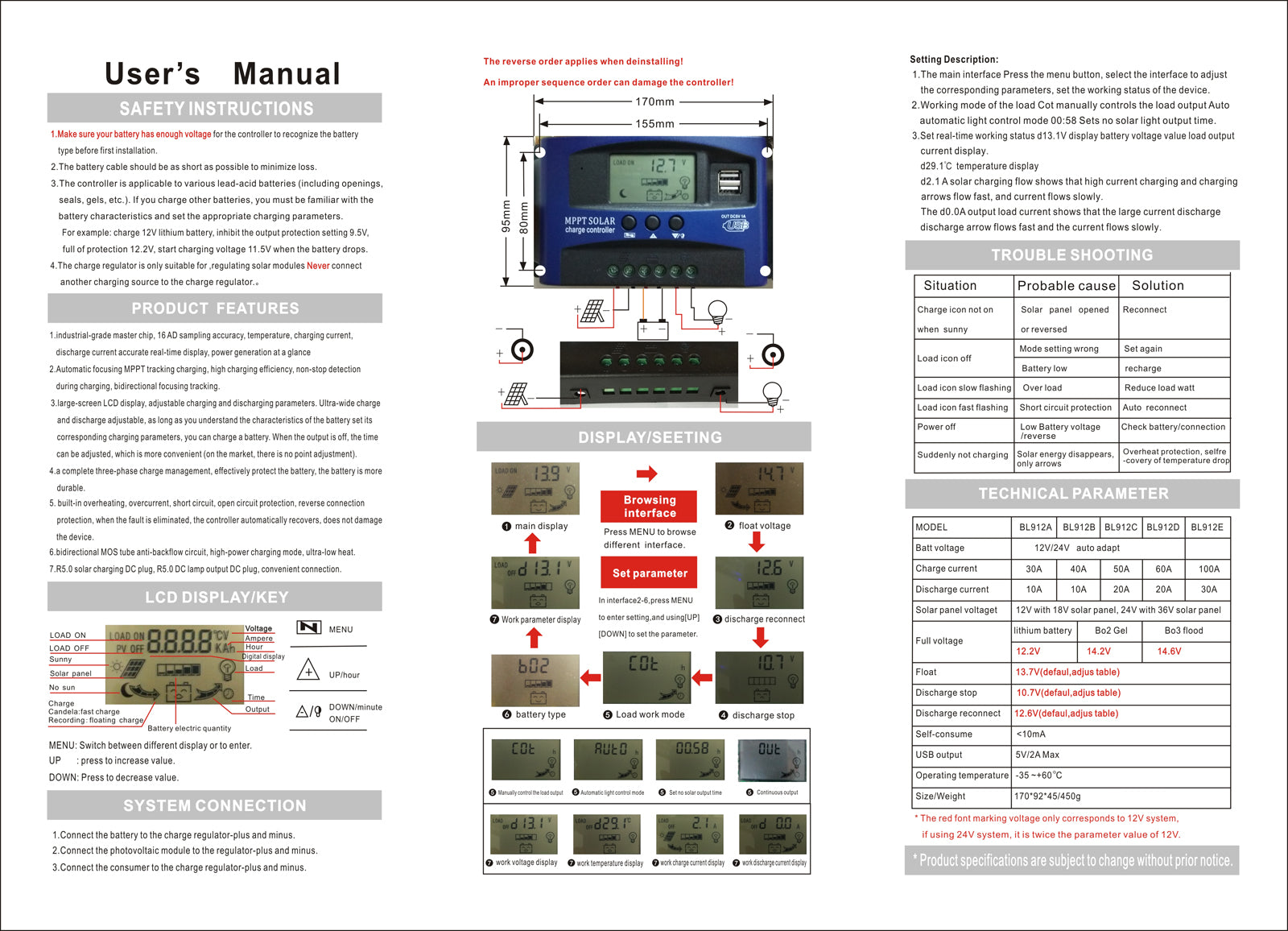12/24V MPPT PWM Controlador de carga solar Litium Lifepo4