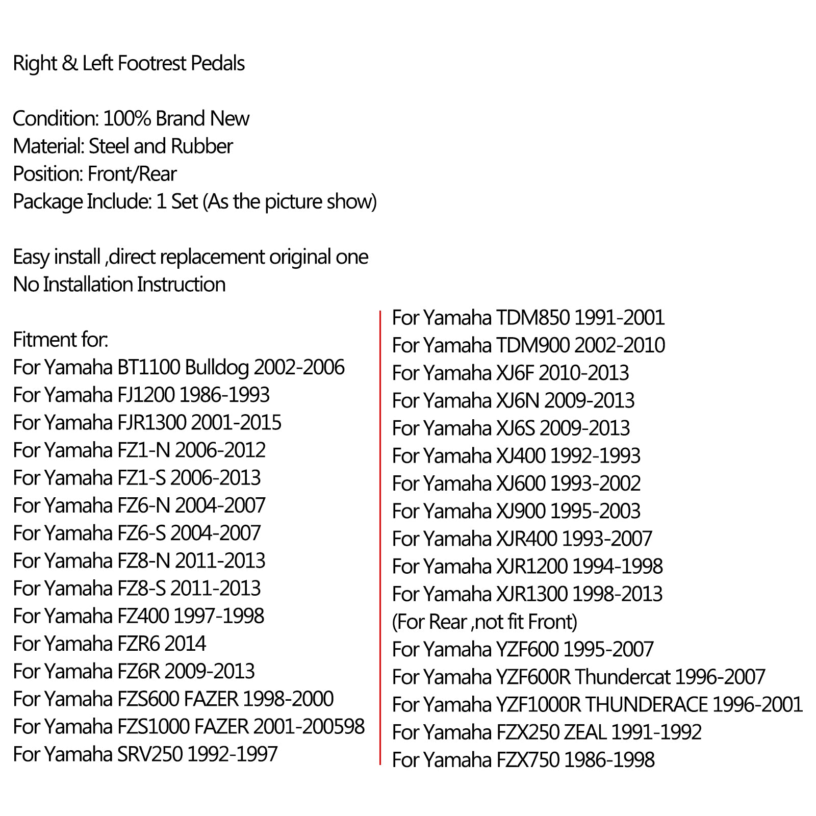 Repose-pieds avant/arrière pour Yamaha FJ1200 FZ1N FZ1S FZ6N FZ8N FZ8S générique