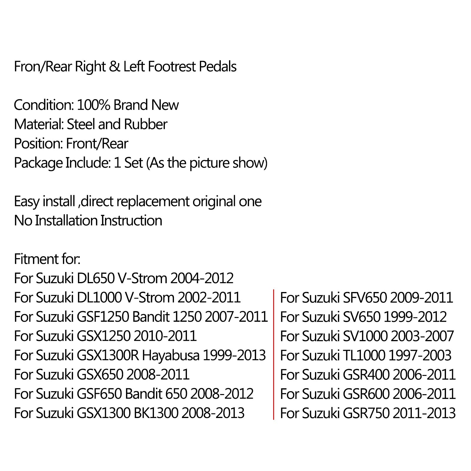 Repose-pieds avant/arrière repose-pieds pour Suzuki V-Strom DL 650 GSX 1300 GSR 600 générique