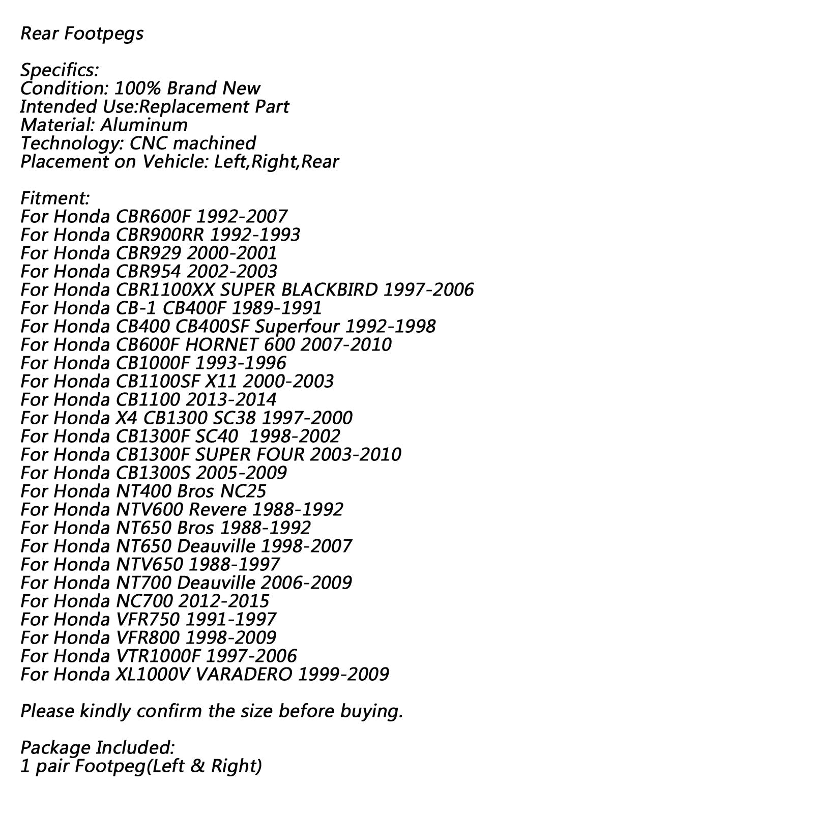 Podnóżki tylne do Honda CBR 600 F CBR 900 RR CBR 929 CBR 954 CB400 CB400SF Generic