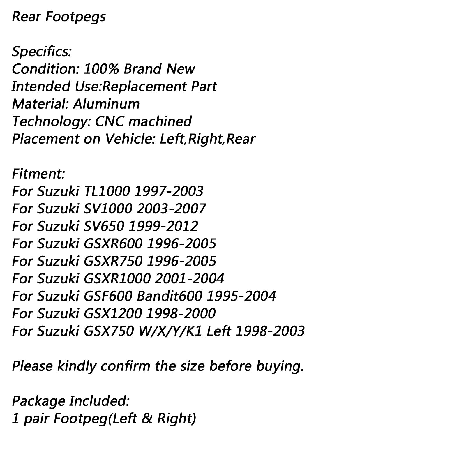 Repose-pieds arrière pour Suzuki GSXR600 GSXR 750 1000 SV650 1000 TL1000 argent générique