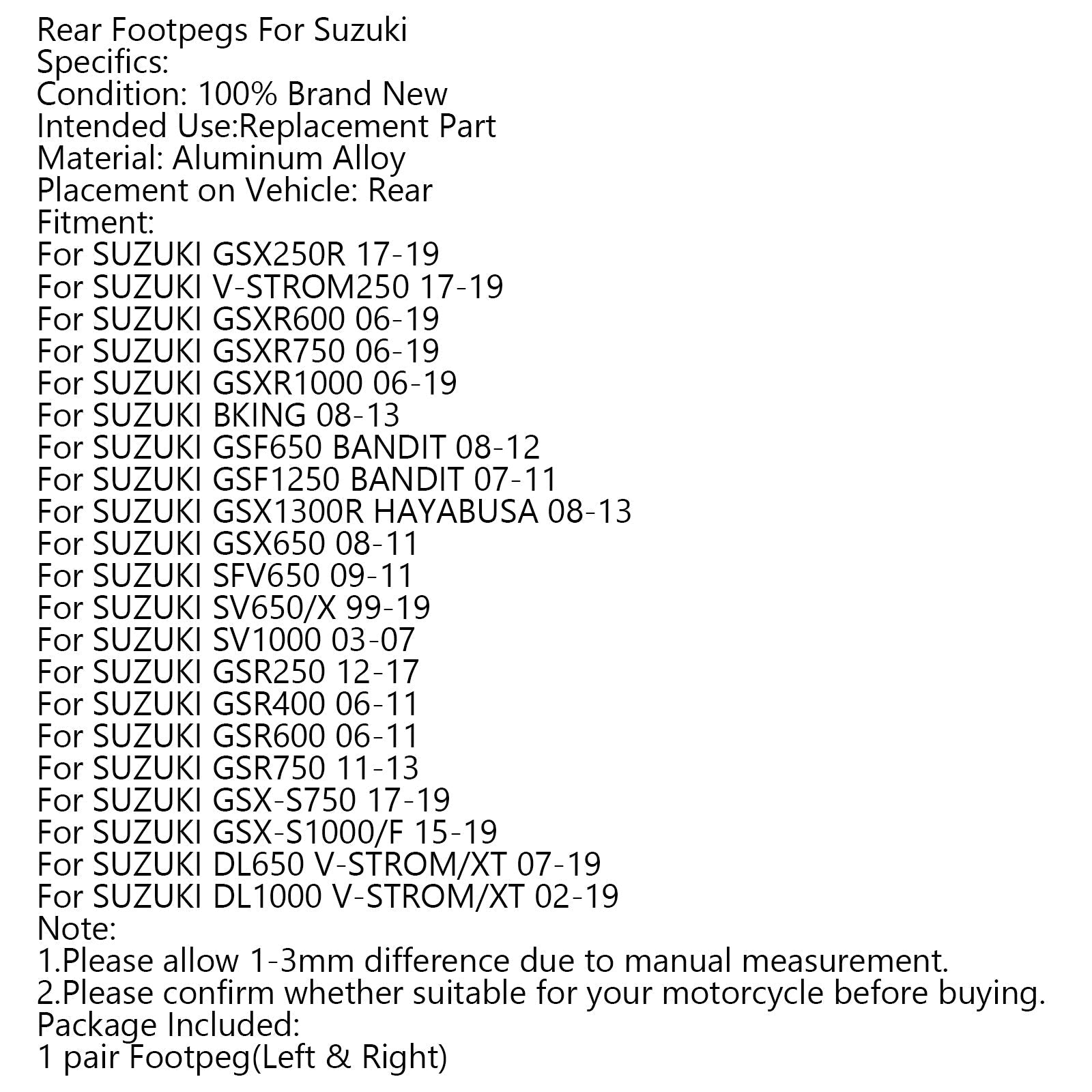 Zadnja podlaga za noge za Suzuki DL650 DL1000 V-Strom/XT GSX-S 750 SV650 generic