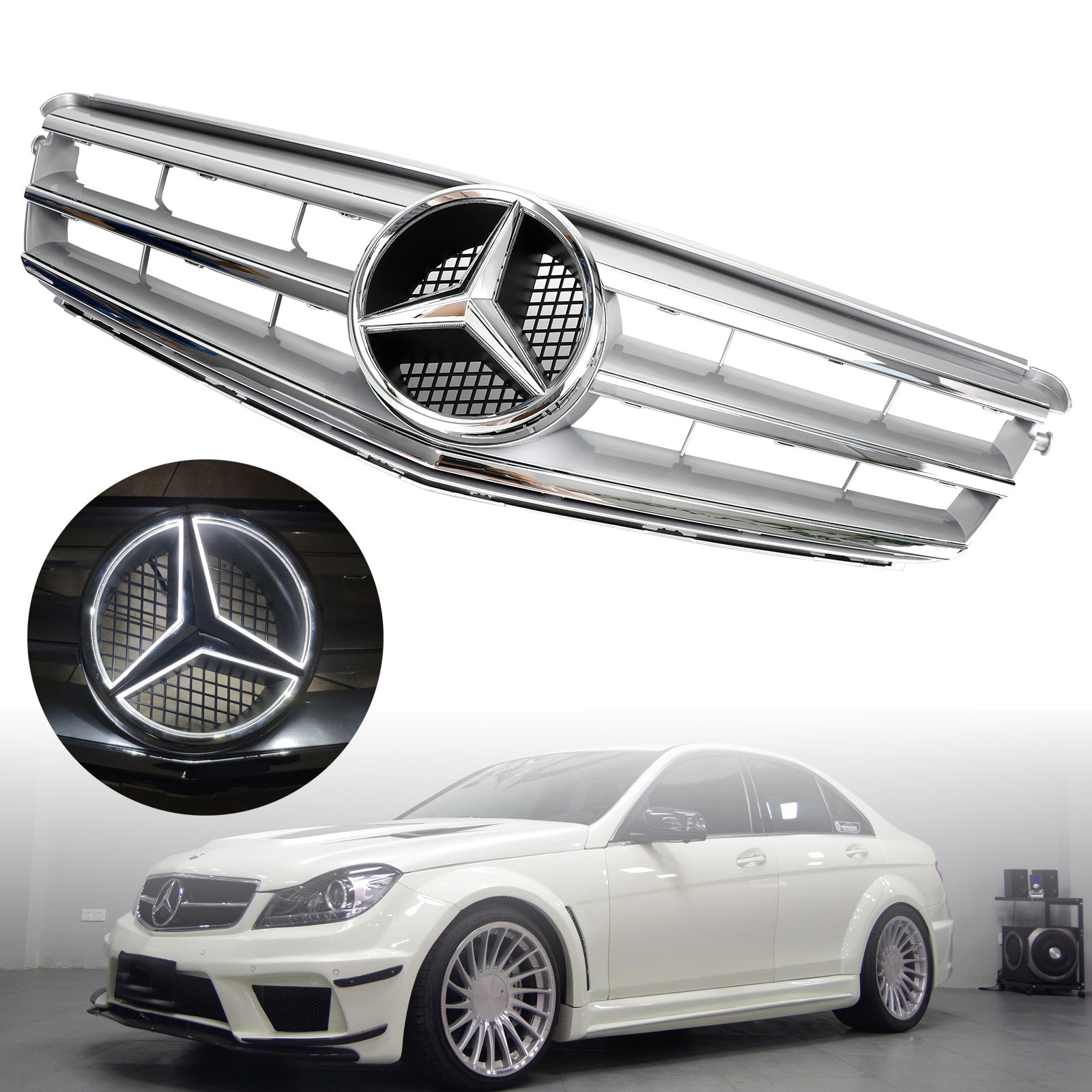 Grille de pare-chocs avant pour Benz Classe C W204 avec emblème LED C300/C350 2008-2014 chromé générique