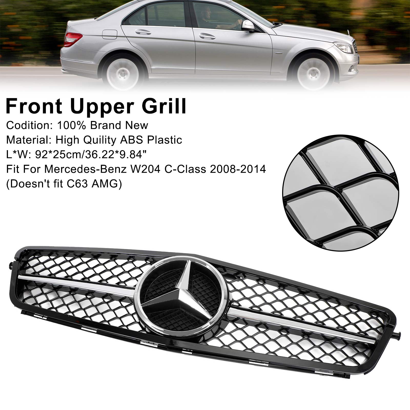 2008-2014 Classe C Benz W204 C300 C350 ABS Grille de pare-chocs avant Noir brillant Chrome