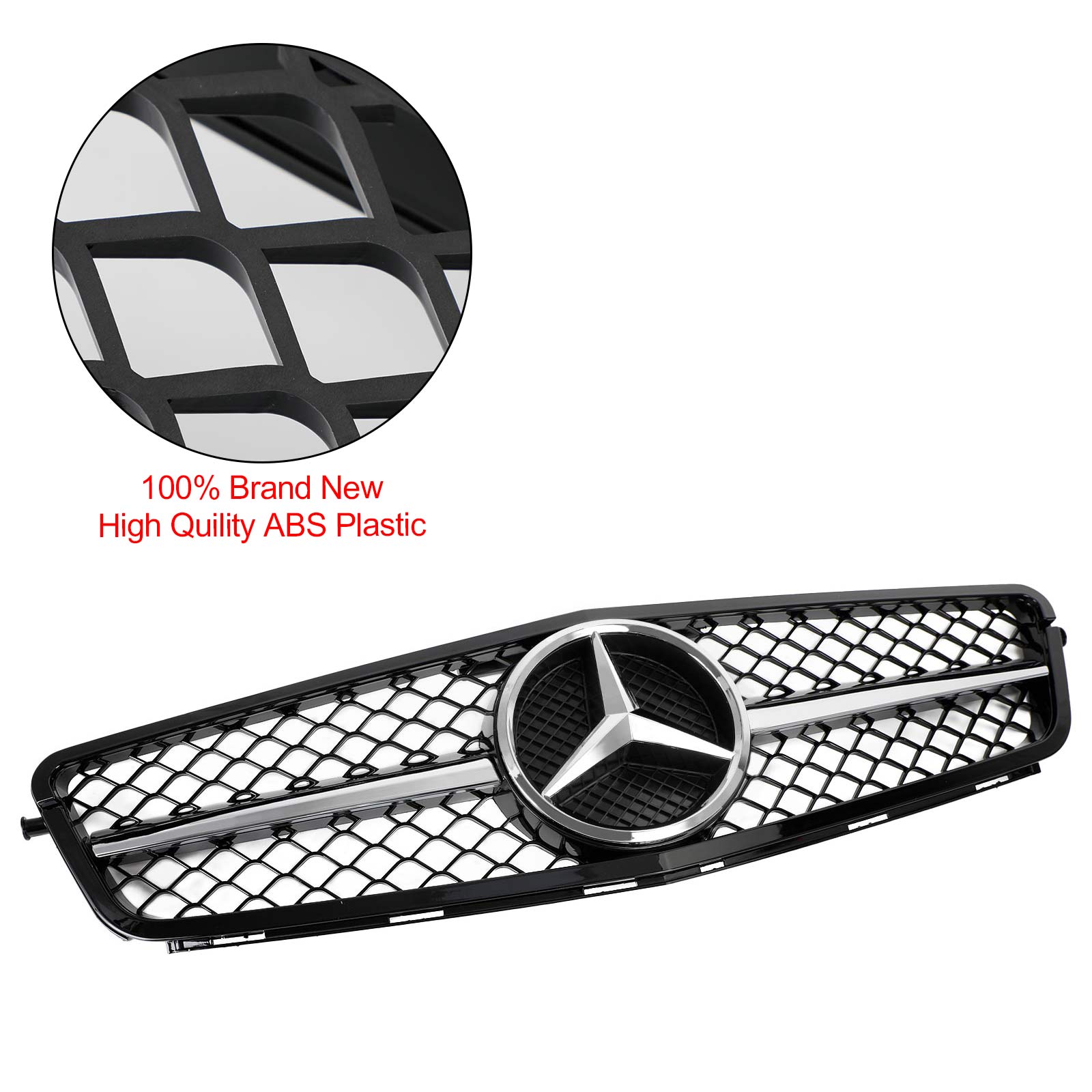 2008-2014 Classe C Benz W204 C300 C350 ABS Grille de pare-chocs avant Noir brillant Chrome