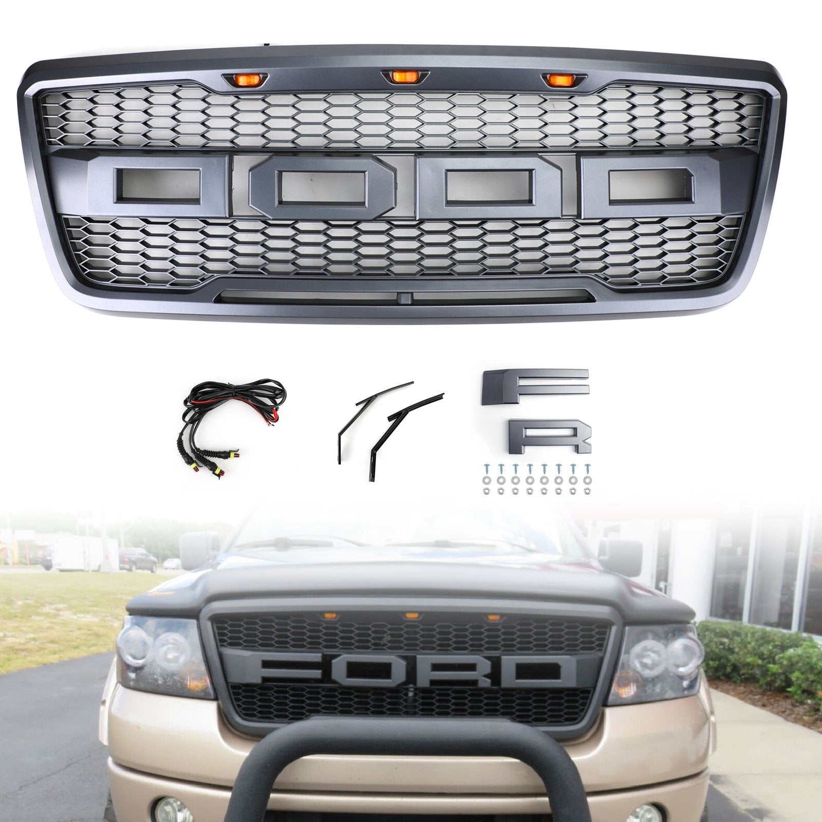 F150 2004-2008 Rejilla de capó de malla frontal de repuesto estilo Ford Raptor con LED genérico