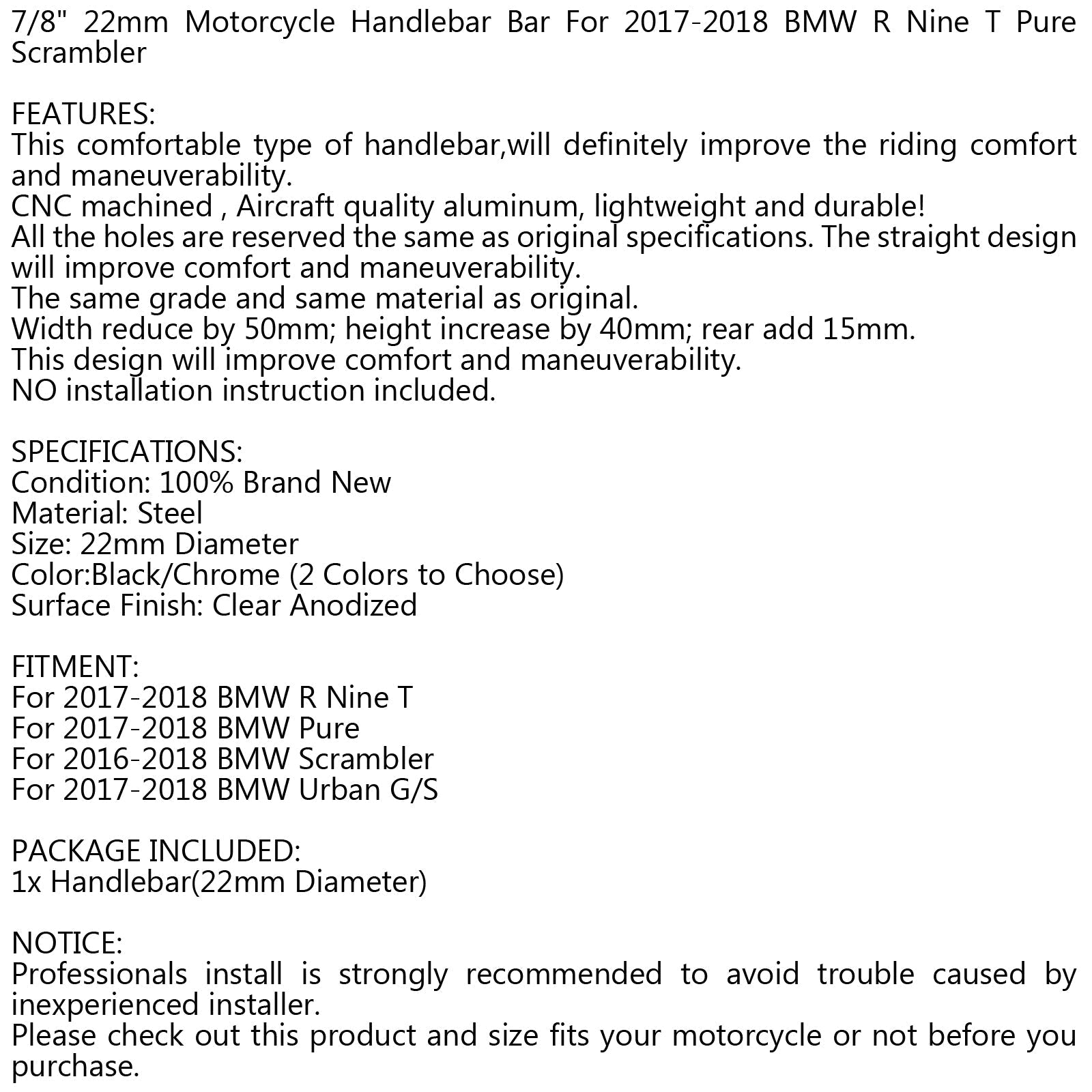 Motocikel krmilo 7/8 22 mm High Trail Bar za BMW R devet T 2017 2018 generic