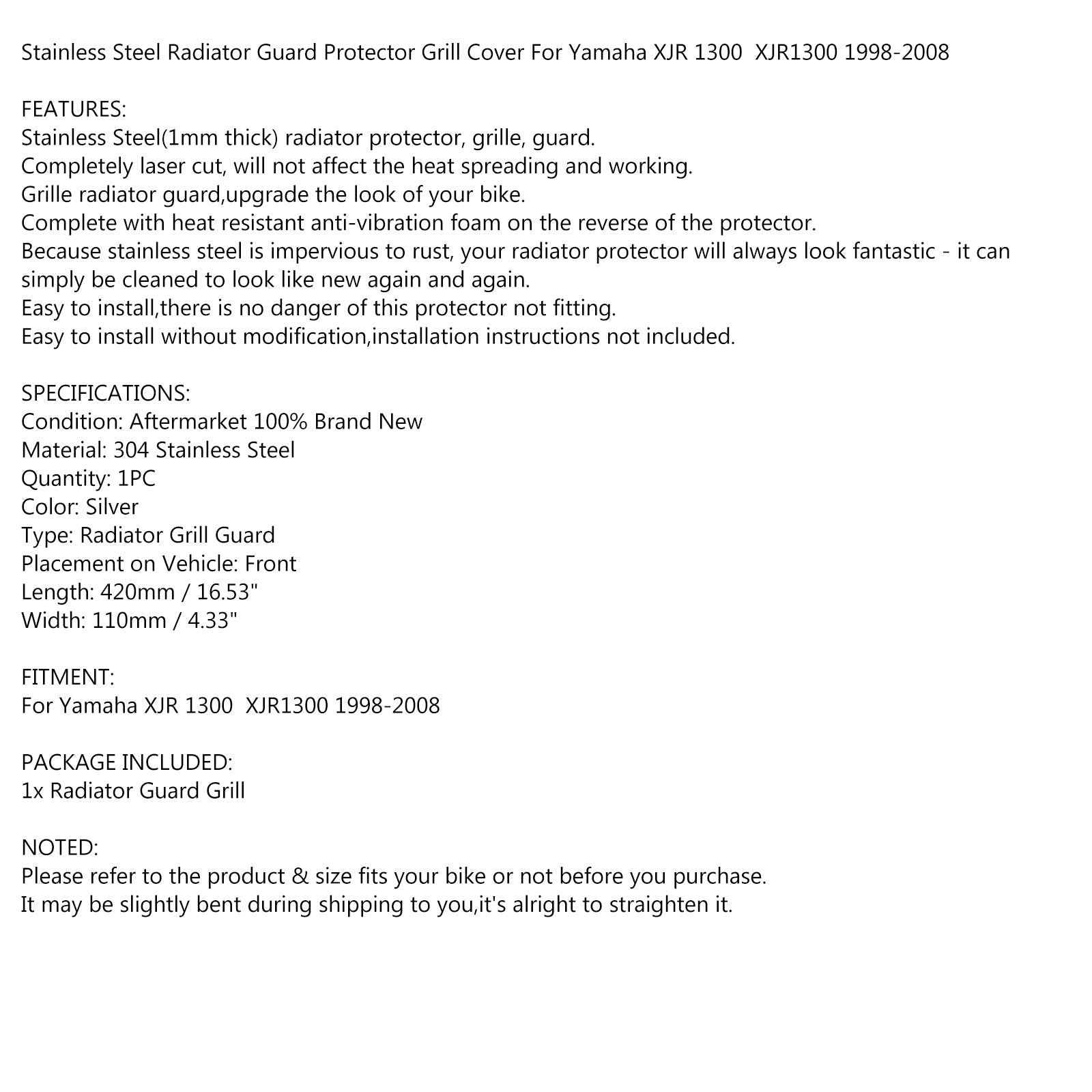 Hopeanvärinen jäähdyttimen säleikkö Yamaha XJR 1300 XJR1300 1998-2008 Generic