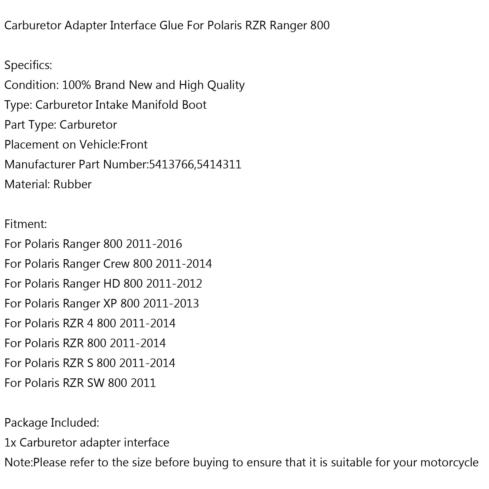 Stivali carburatore di aspirazione in gomma 5414311 per Polaris RZR Ranger 800 HD generico