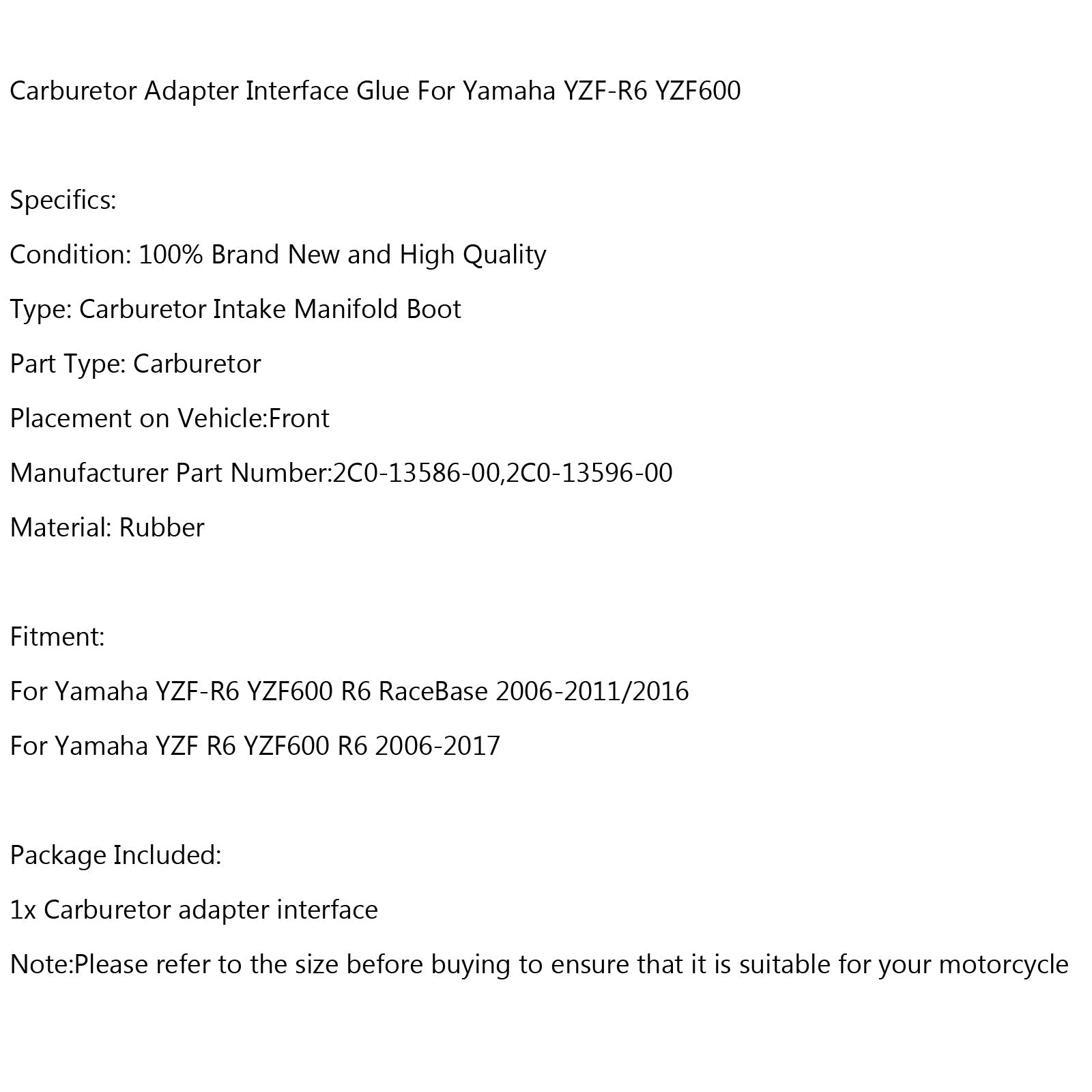 Rubberen gasklephuis inlaatspruitstukhoes voor Yamaha YZF R6 YZF600 R6 2006-2017 Generiek