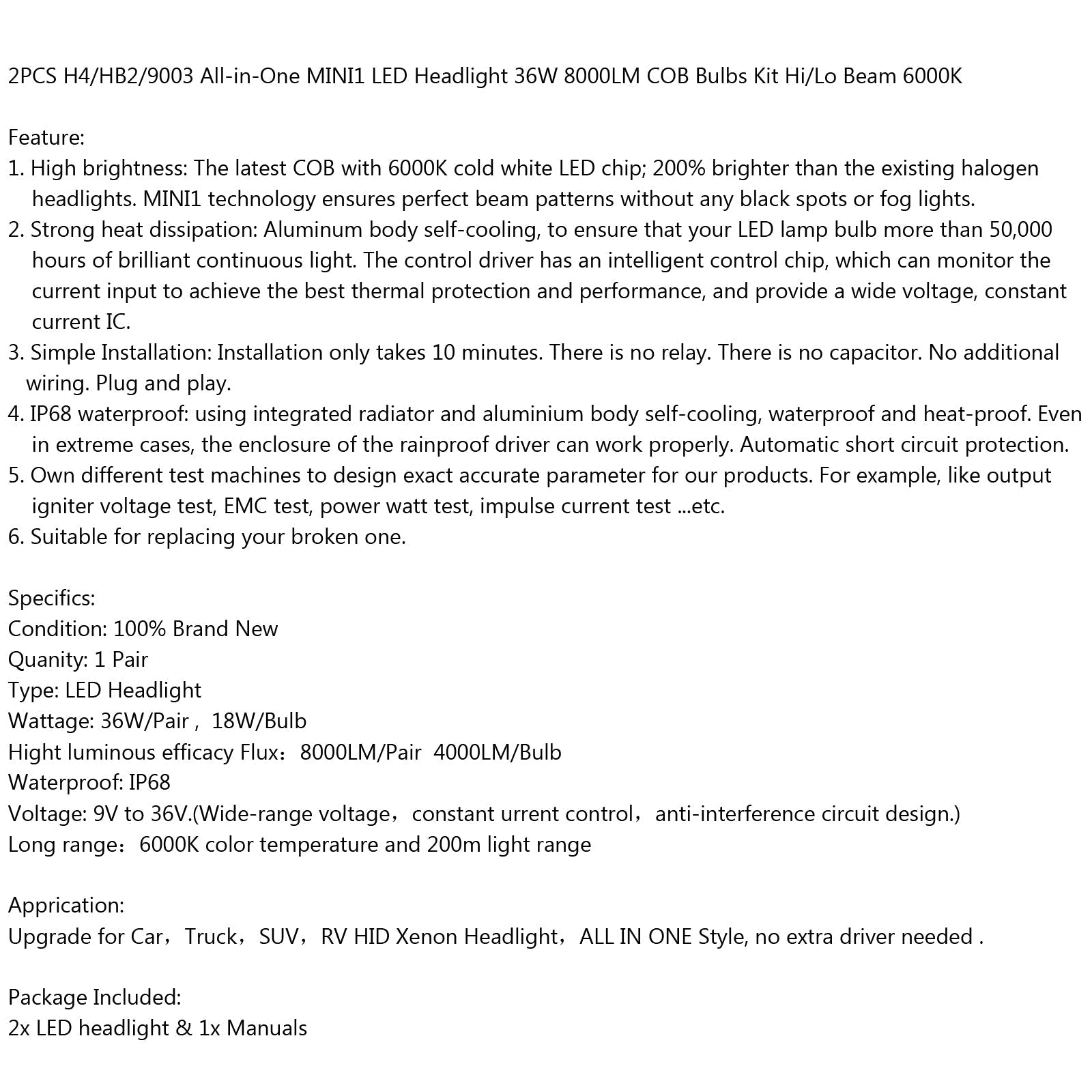 2 pezzi H4/HB2/9003 LED Lighthouse 36W 8000lm Bulbs Kit CoB High/BAS 6000K GEMA GENERICO