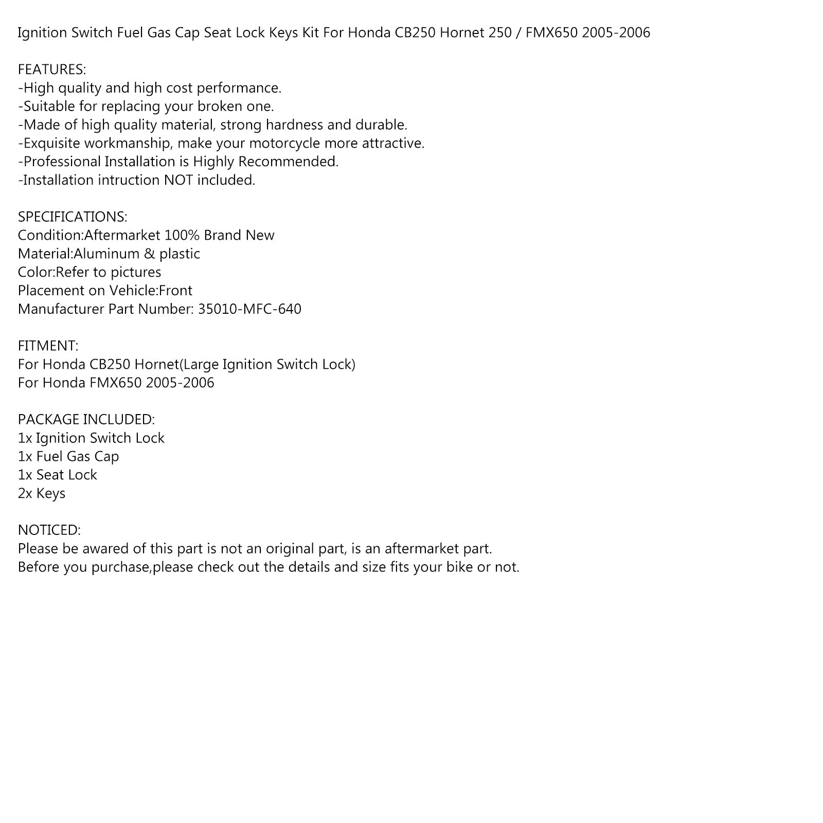 Interruttore di accensione Tappo serbatoio carburante Chiavi di blocco sedile per Honda CB600F CB250 Hornet 98-02 Generico