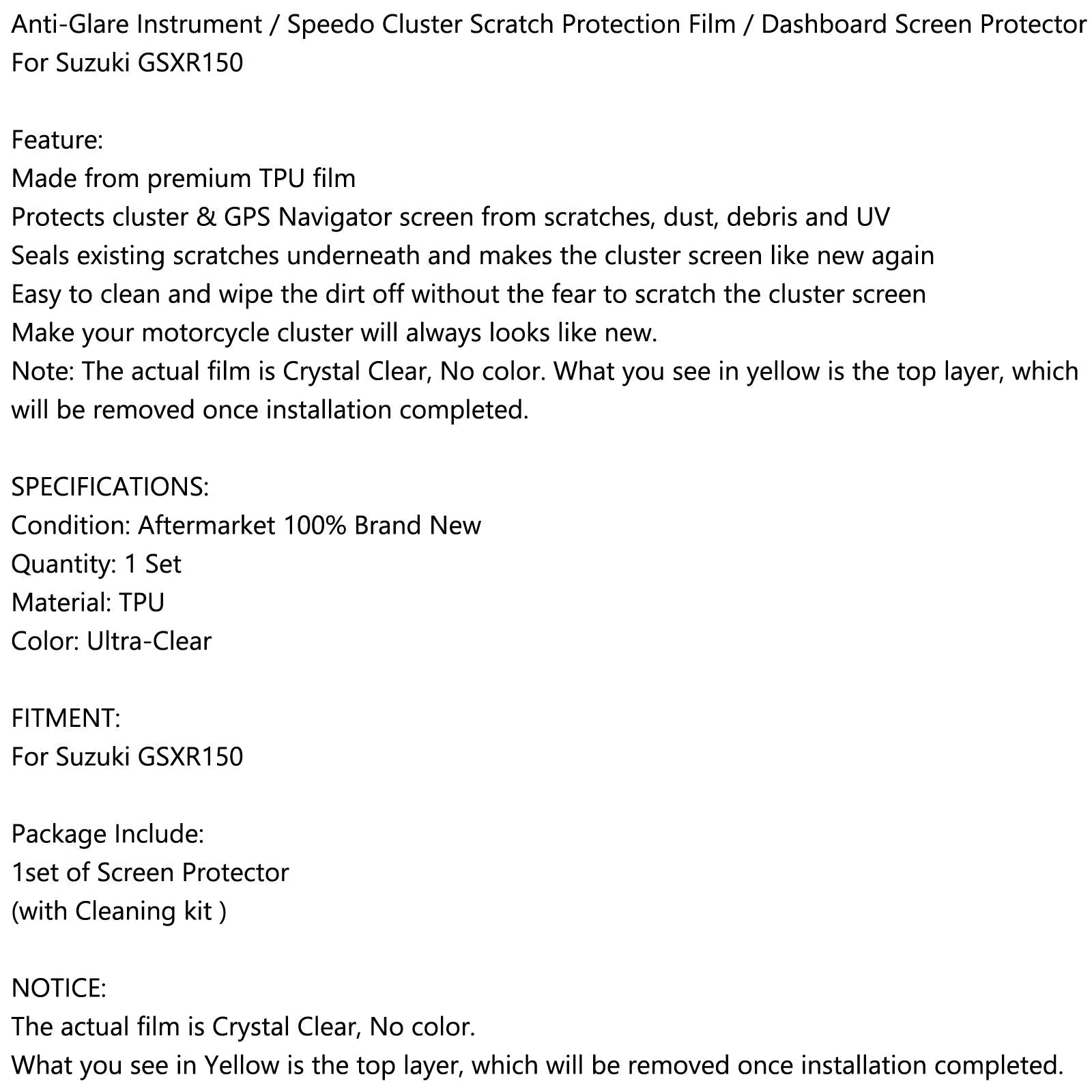 Film de protection contre les rayures en grappe pour Suzuki GSXR150 GSXR 150 générique