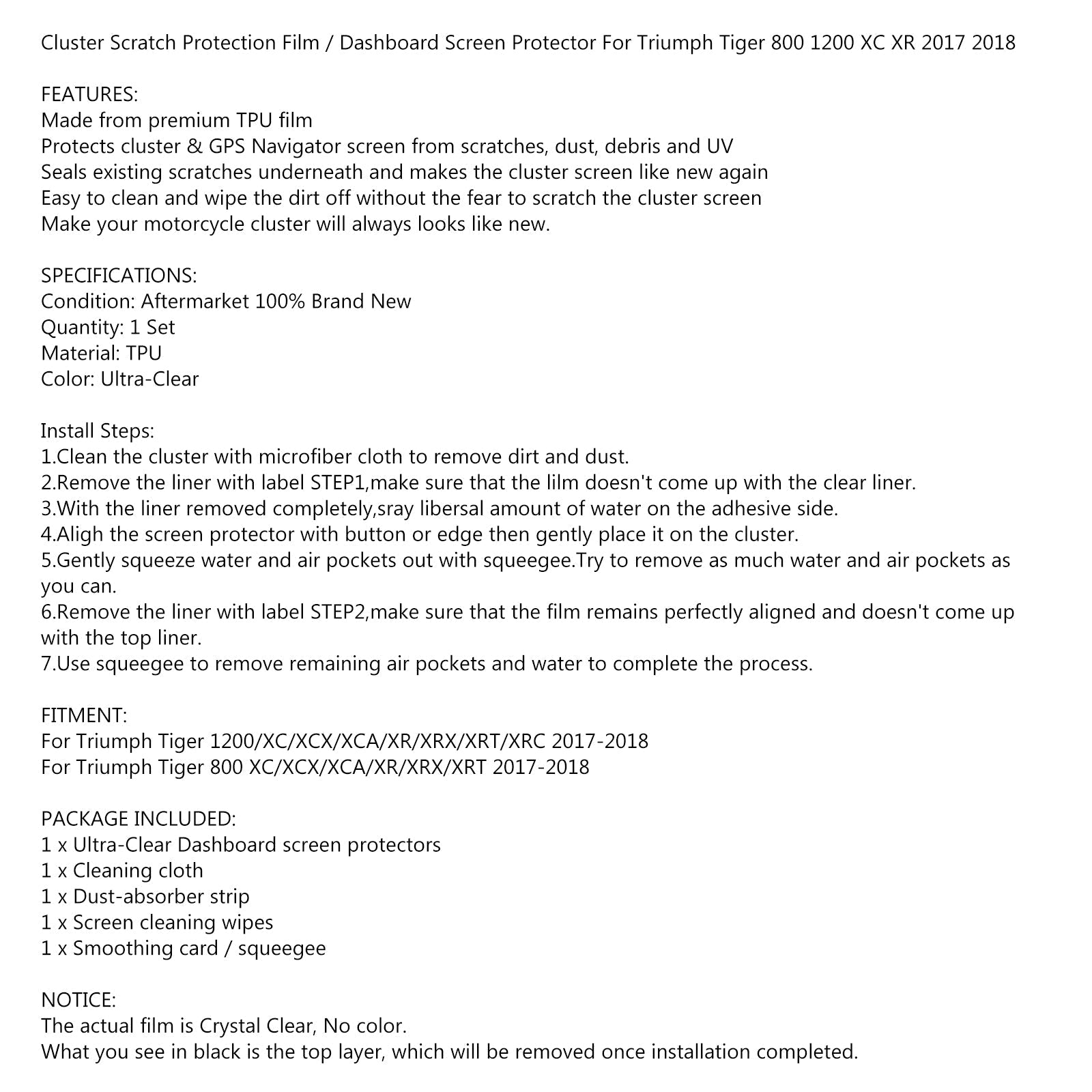 Anti-Glare Dashboard näytönsuoja Triumph Tiger 800 1200 XC XR 2017 2018 Generic