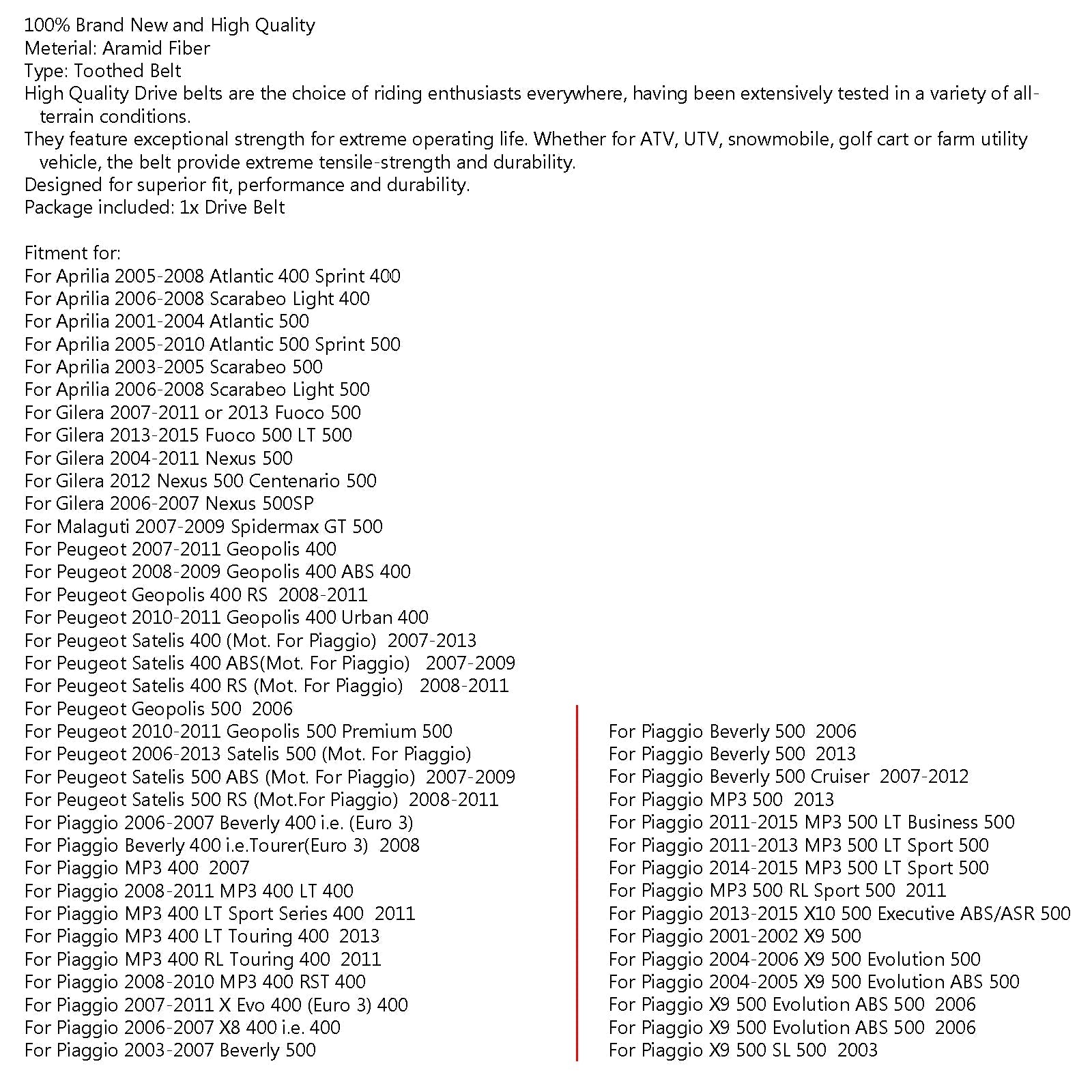 Courroie d'entraînement pour Aprilia 2001-2004 Atlantic 500 Piaggio MP3 X9 X10 Beverly 500 générique