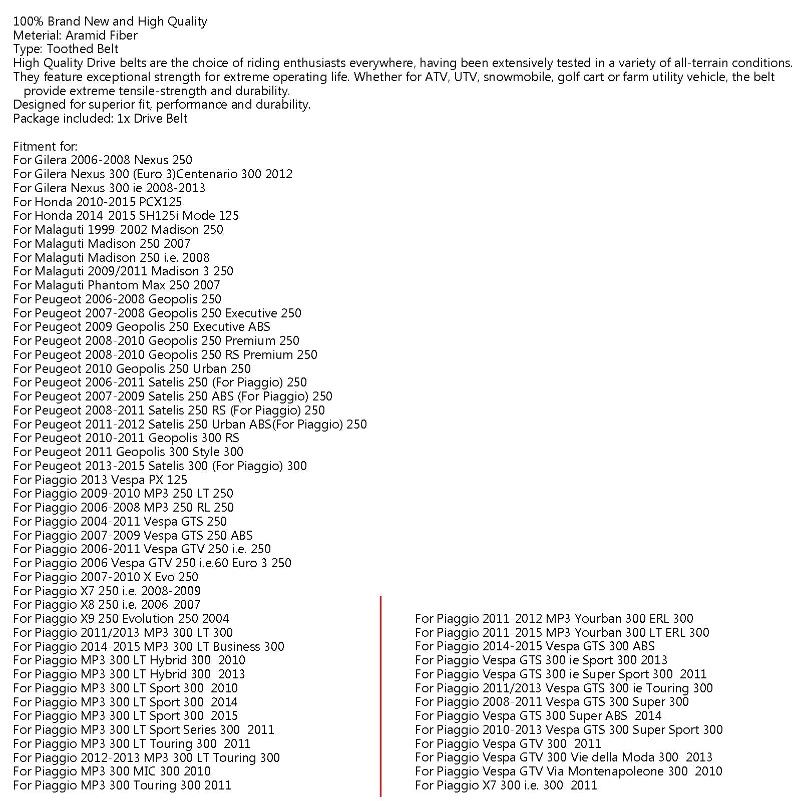 Cinghia di Trasmissione per Peugeot Geopolis 250 Piaggio X7 X8 MP3 300 Gilera Nexus 250 300 Generico