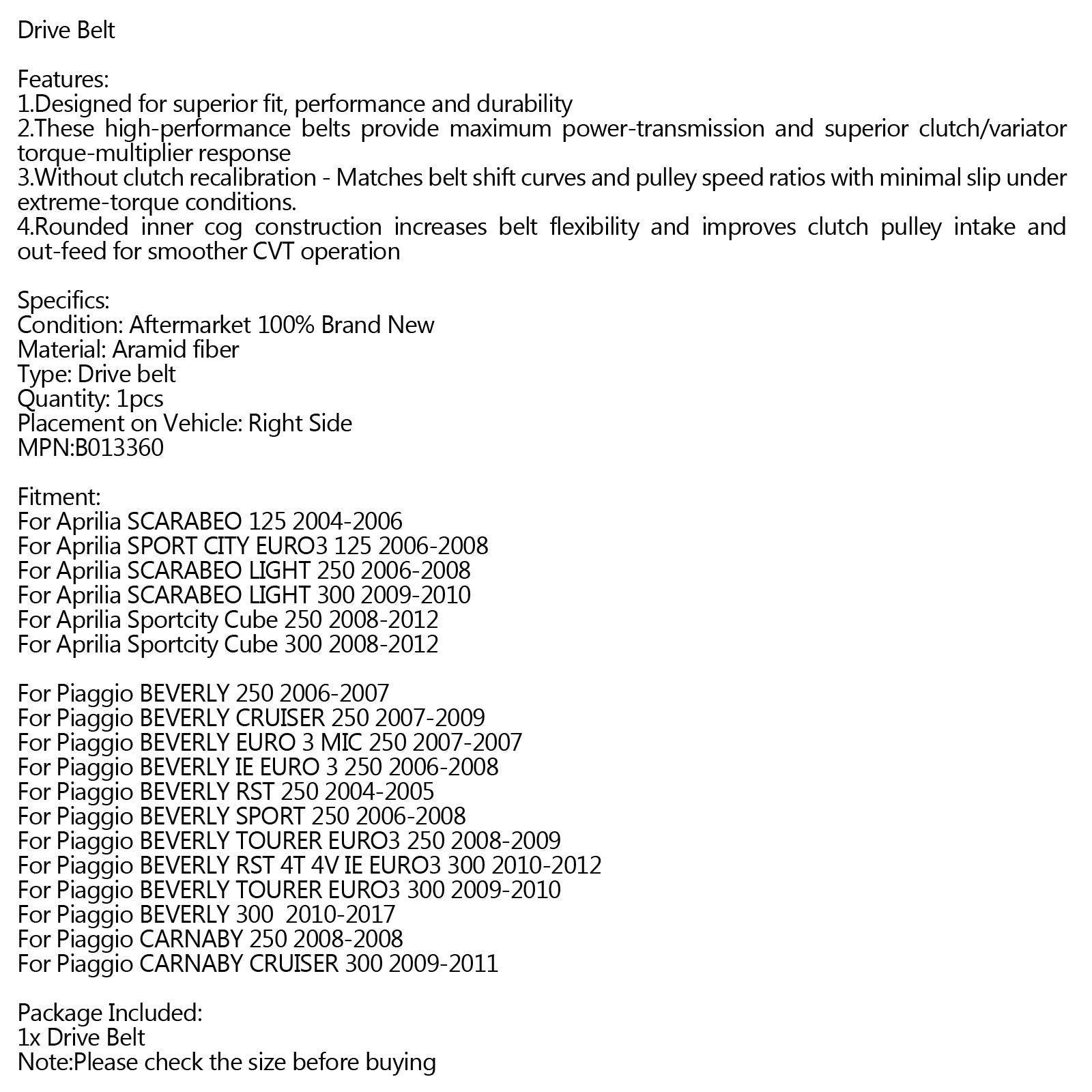 Pasek napędowy dla Aprilia Sportcity Cube 250 300 Piaggio BEVERLY 250 300 B013360 ogólny