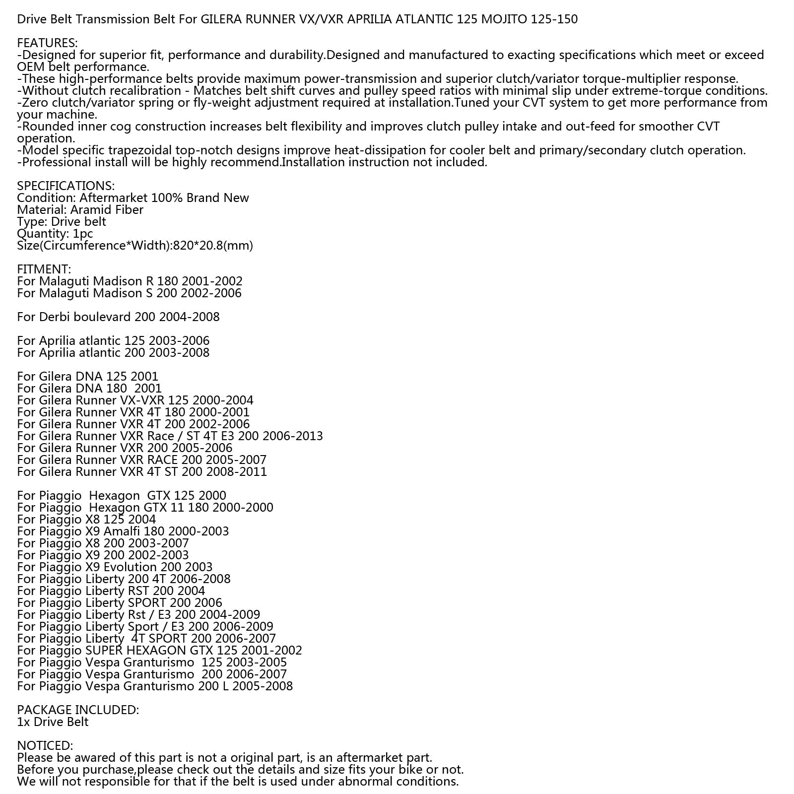 Courroie de rechange pour scooter Gilera Runner VXR Aprilia Atlantic 125 500 générique