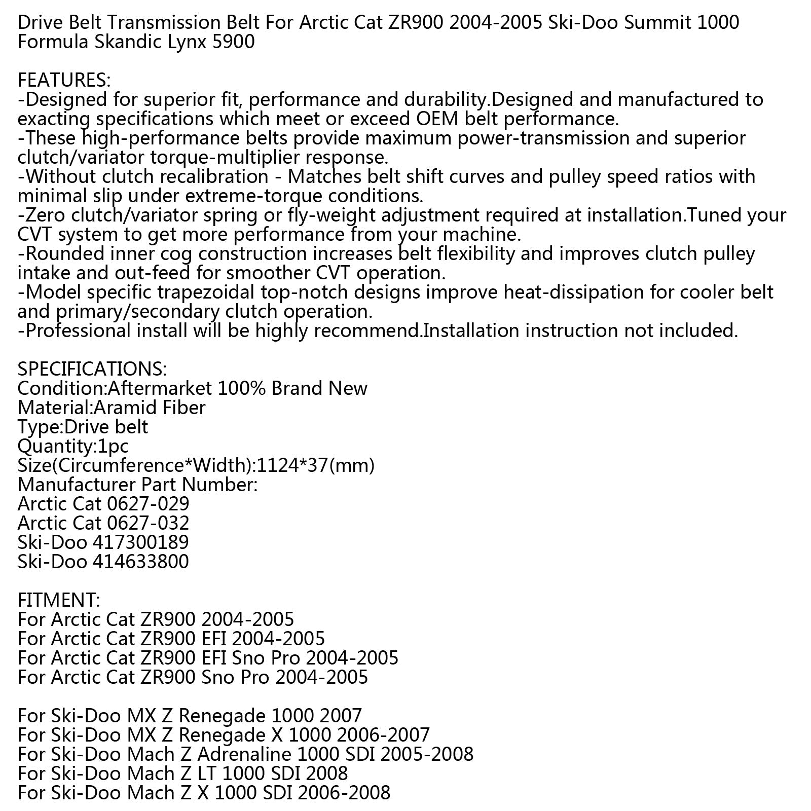 Courroie d'entraînement pour Arctic Cat 0627-029 0627-032 Motoneige ZR900 EFI SNO PRO 04-05 Générique