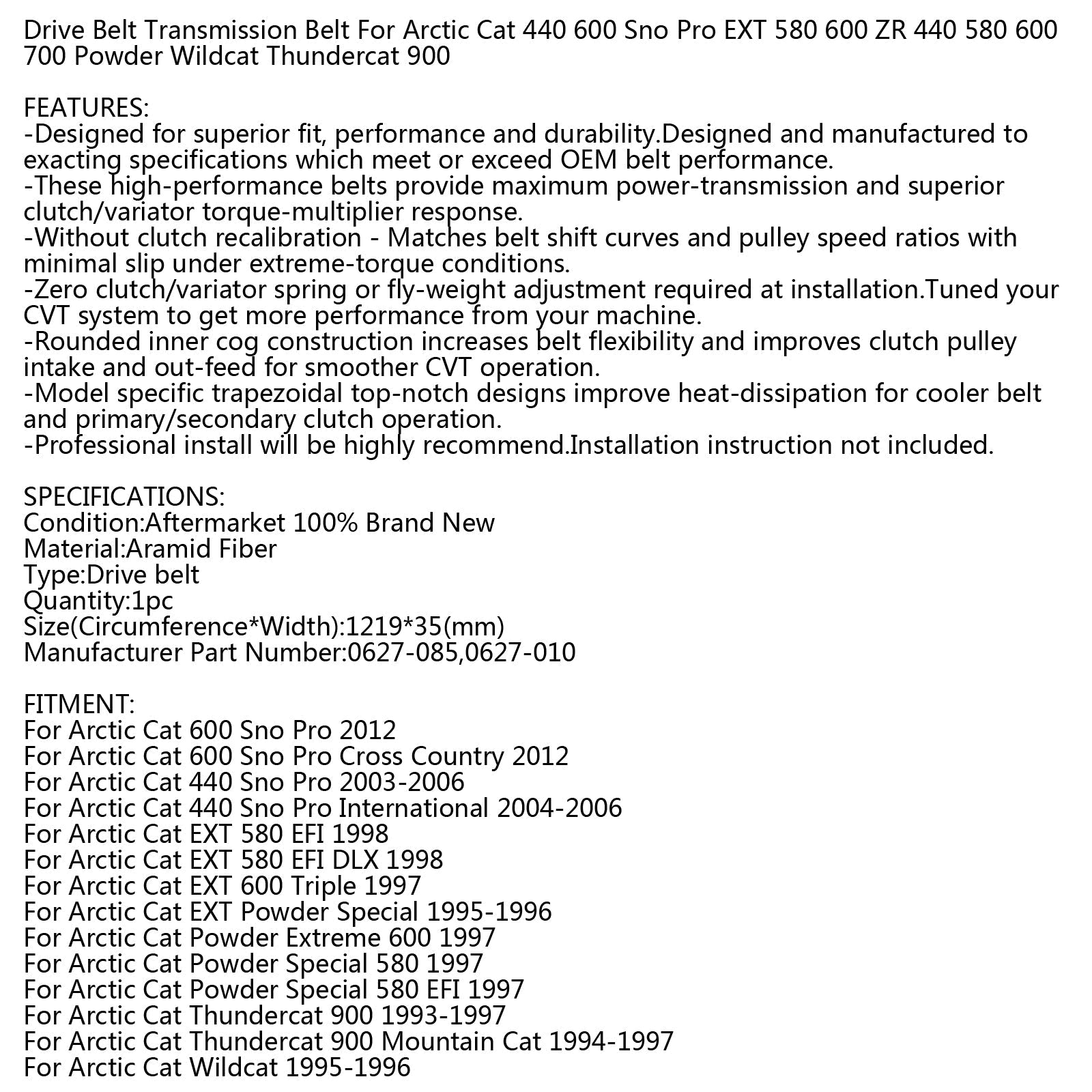 Courroie d'entraînement pour Arctic Cat 0627-085 0627-010 motoneige EXT Z ZR ZL PS Thunder générique