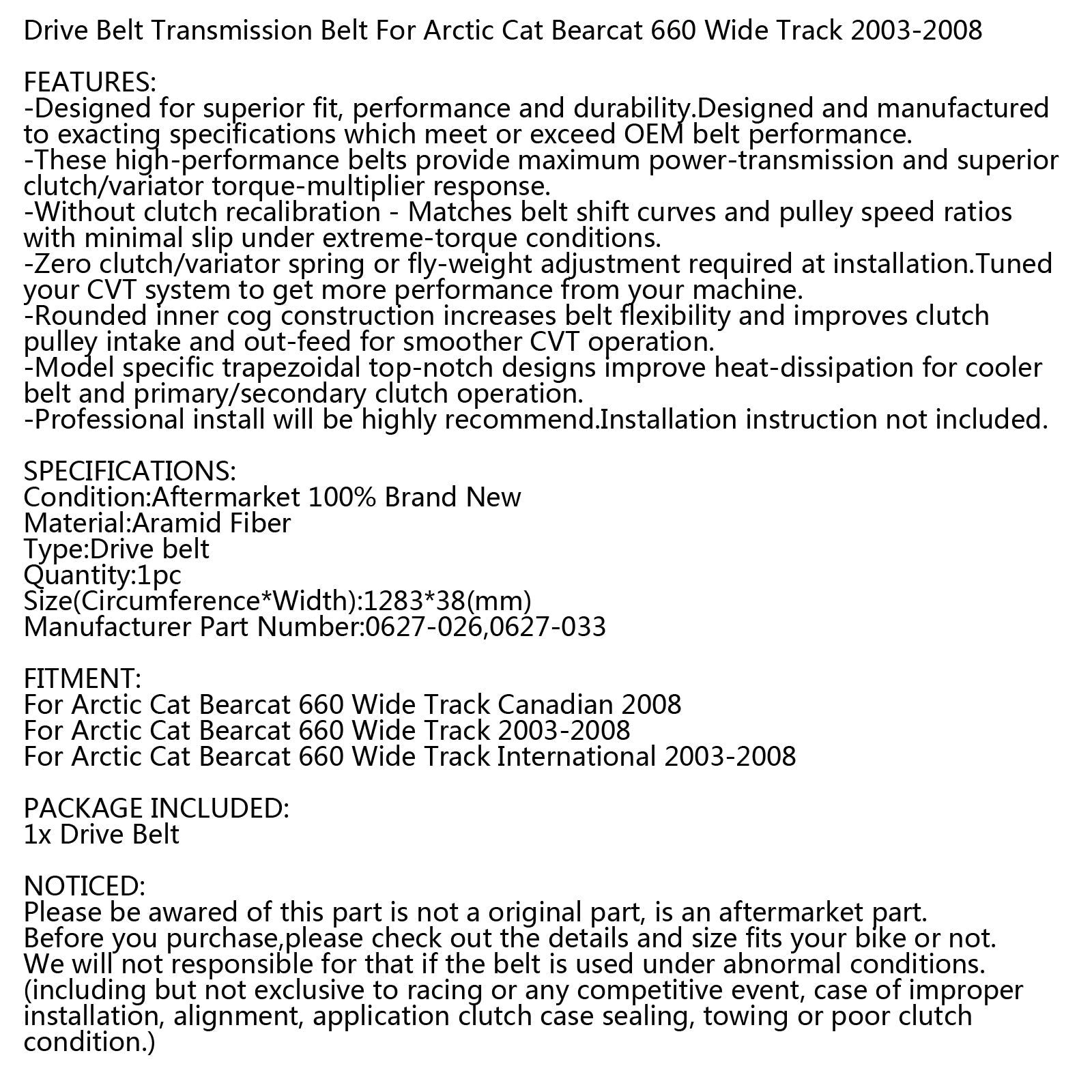 Pasek napędowy do Arctic Cat 0627-026 0627-033 Skuter śnieżny Bearcat 660 Wide Track Generic