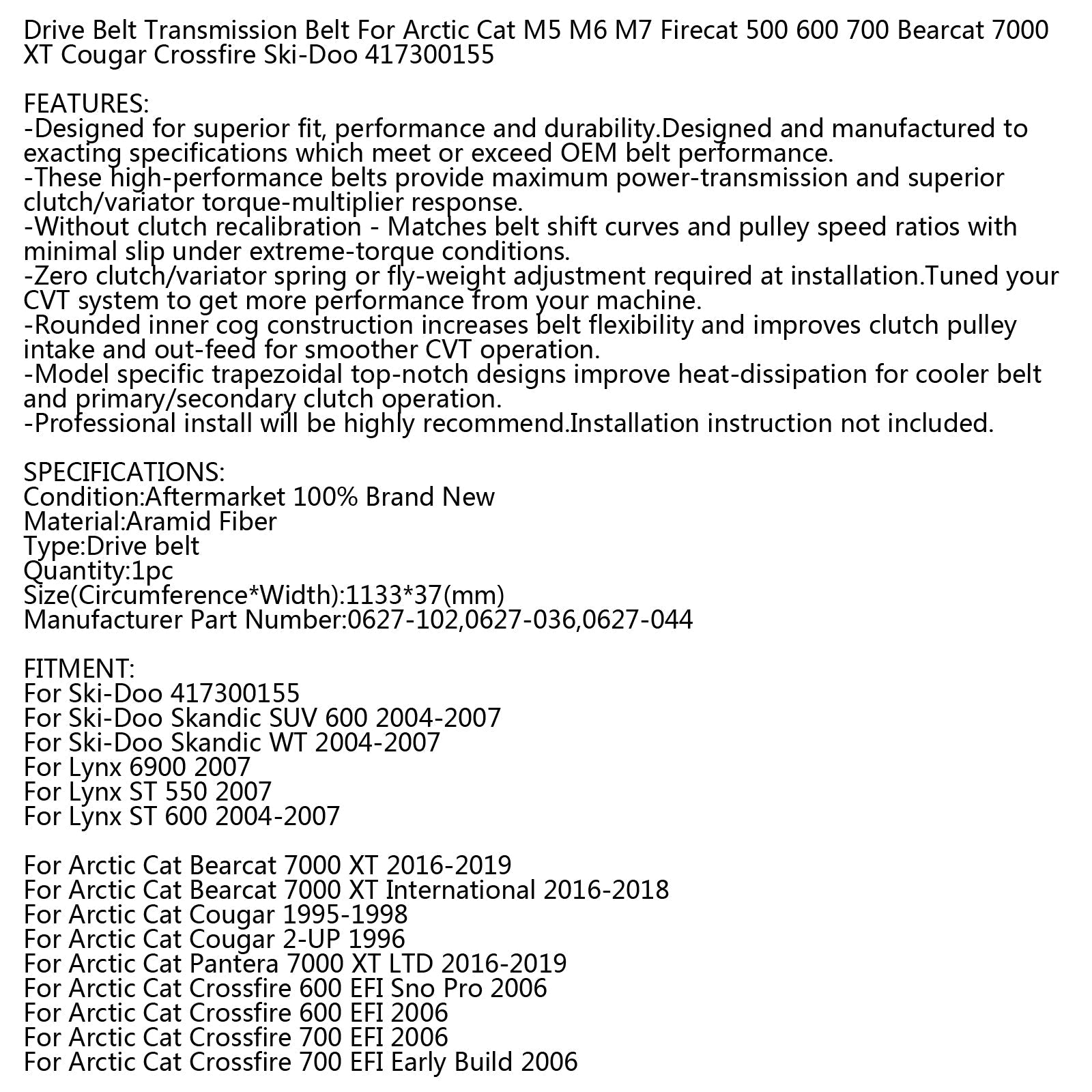 Courroie d'entraînement pour Arctic Cat 0627-102 0627-036 0627-044 Ski-Doo417300155 Motoneige Générique