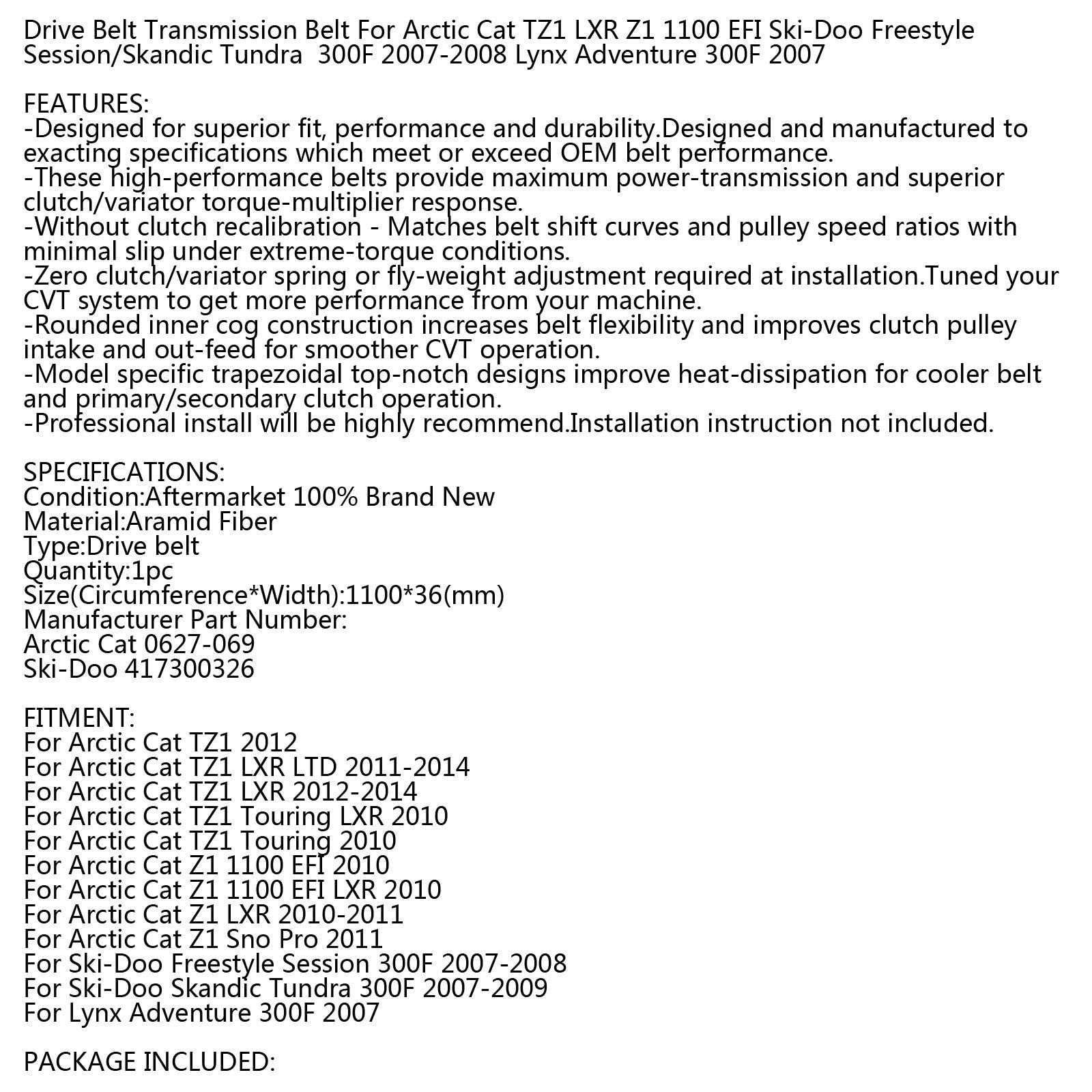Courroie d'entraînement pour motoneige Arctic Cat 0627-069 TZ1 Z1 LXR Ski-Doo 300F 417300326 générique