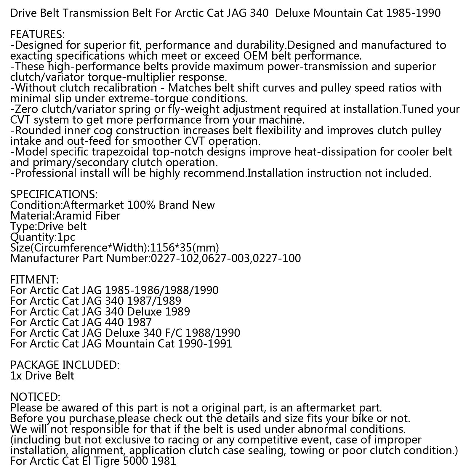 Pasek napędowy do Arctic Cat 0227-102 0627-003 0227-100 Skuter śnieżny Jag 340 85-91 Generic