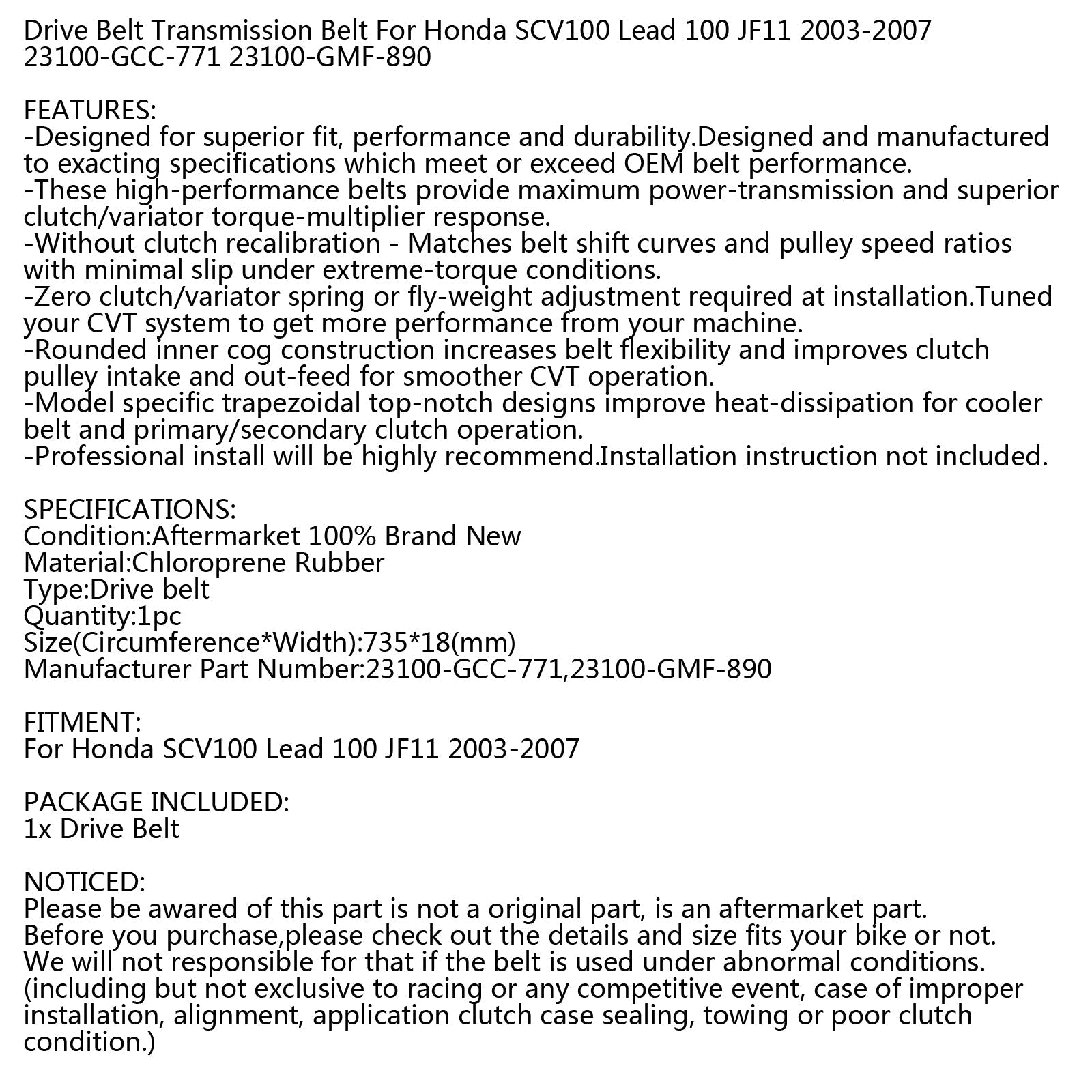 Courroie d'entraînement 735OC x 18W pour scooter Honda SCV 100 Lead JF11 03-07 23100-GCC-771 générique