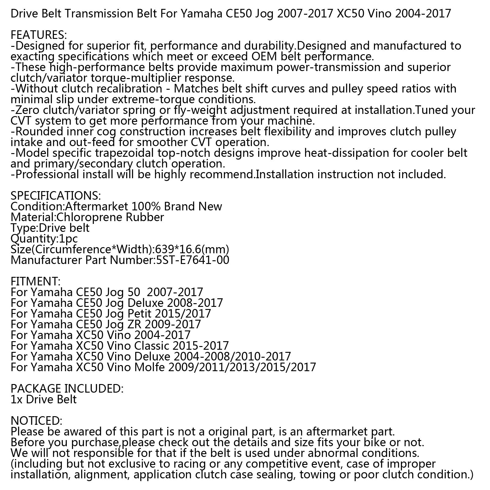Courroie d'entraînement pour Yamaha Jog CE50 Vino 50 Classic XC50 2006-2015 5ST-E7641-00-00 générique