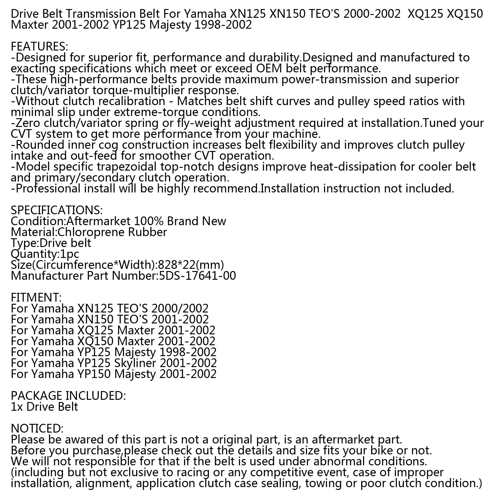 Cinghia di Trasmissione per Yamaha Majesty YP Maxter XQ TEO'S XN 125 150 98-02 5DS-17641-00 Generico