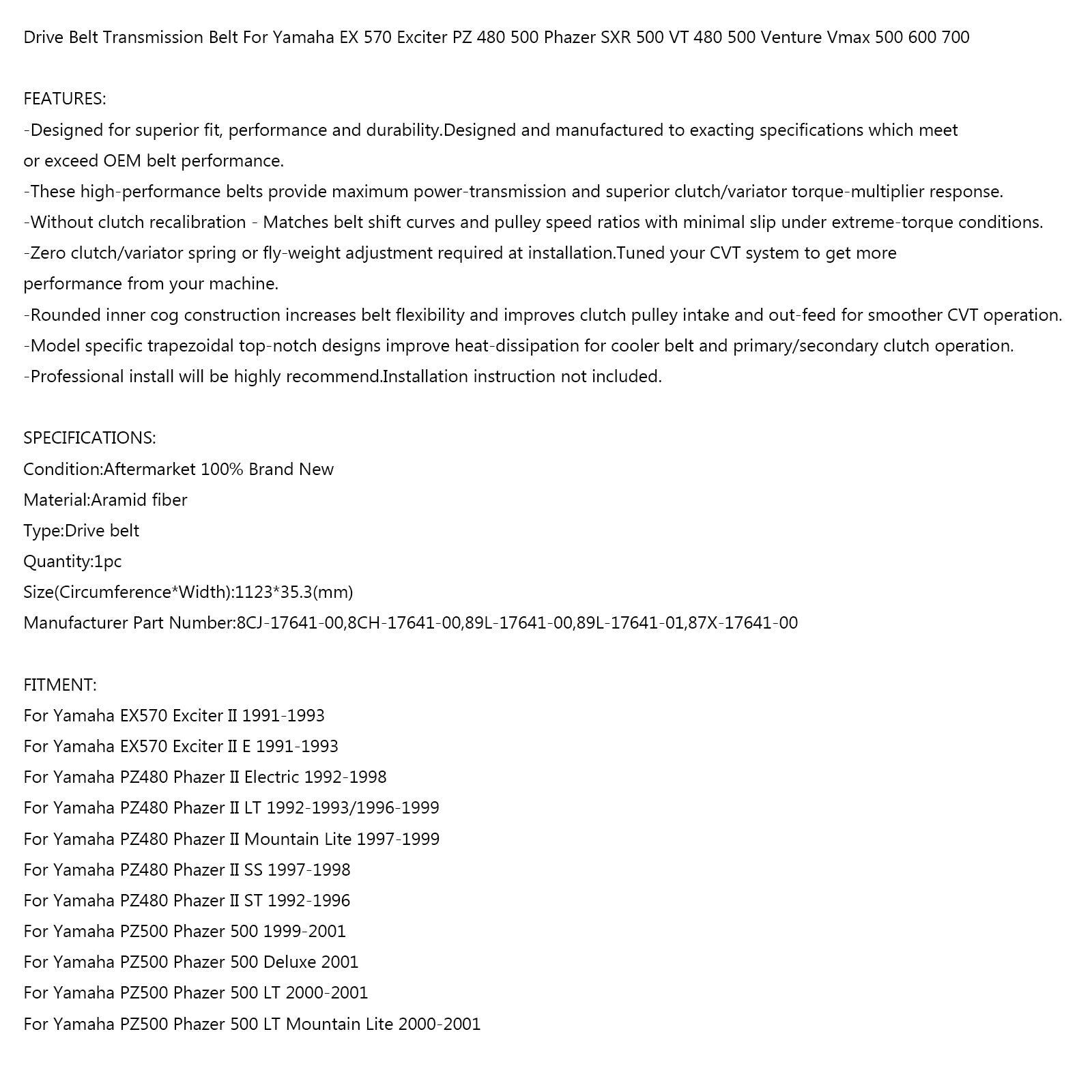 Courroie d'entraînement 1123OCx35.3W pour Yamaha Exciter EX Phazer PZ Vmax VX Venture VT SXR générique