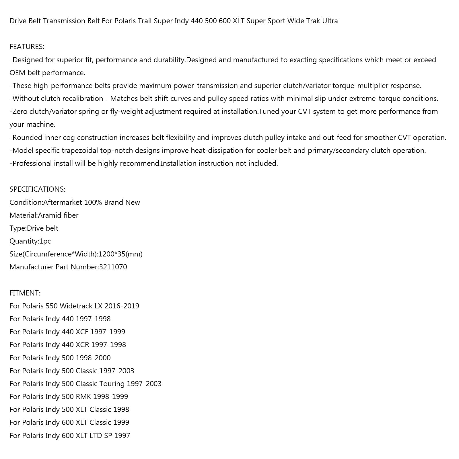 Cinghia di trasmissione 1200OCx35W per Polaris 3211070 Indy, Sport, Trail, Ultra, Wide Trak Generico